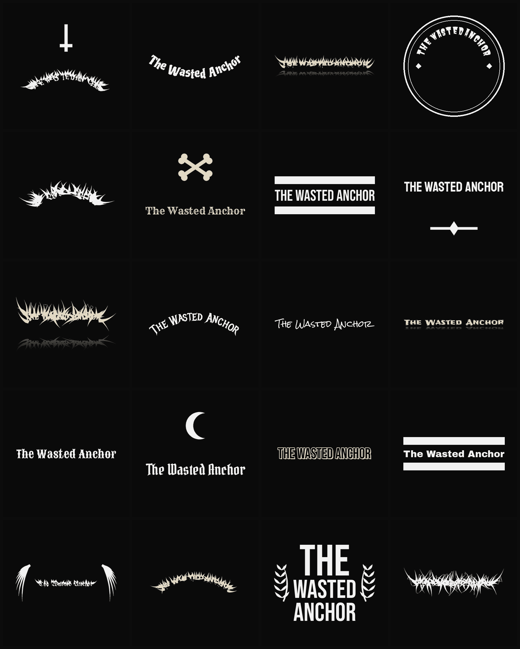 Twenty The Wasted Anchor band logo ideas — different faces, treatments and spike settings