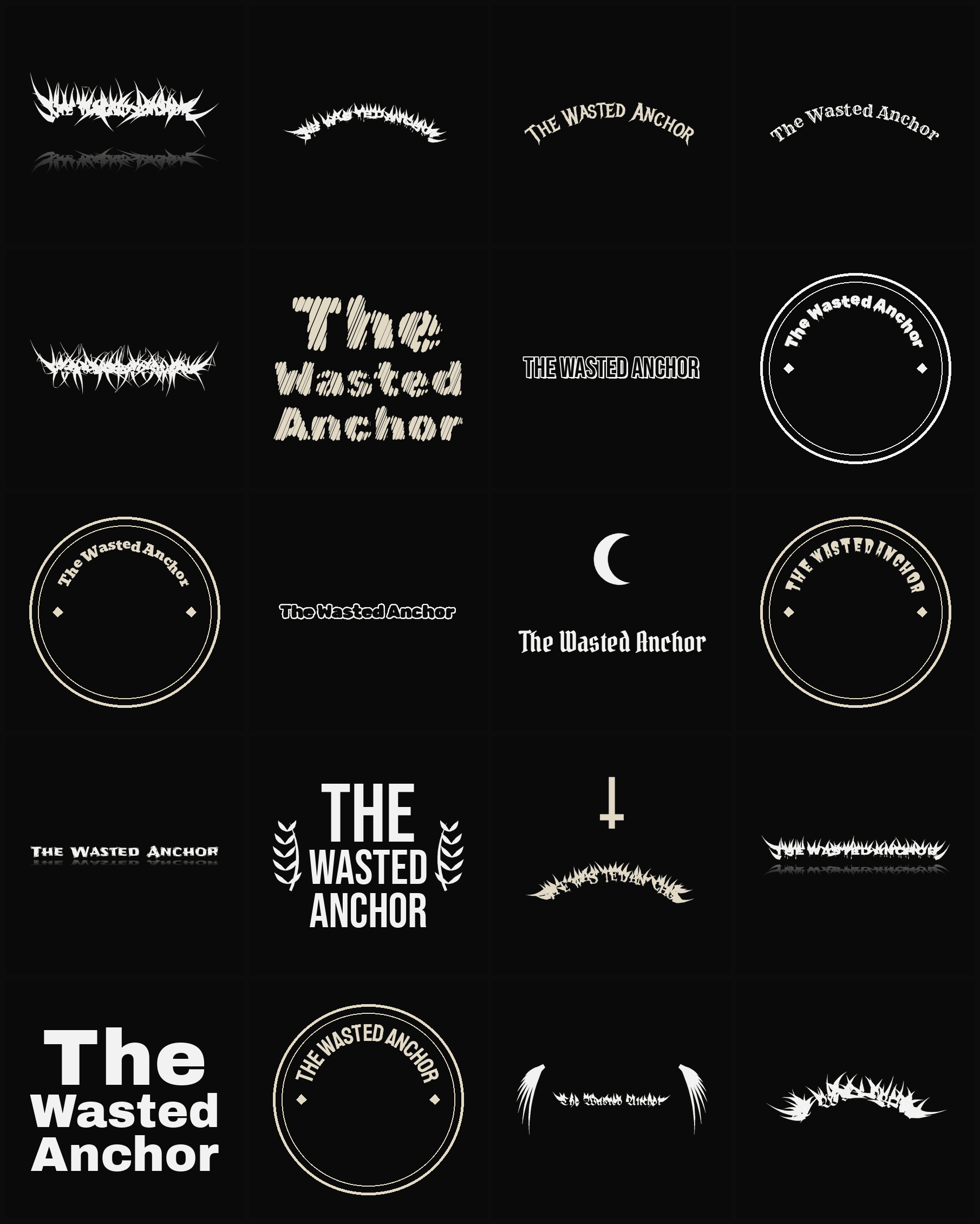 Twenty The Wasted Anchor band logo ideas — different faces, treatments and spike settings