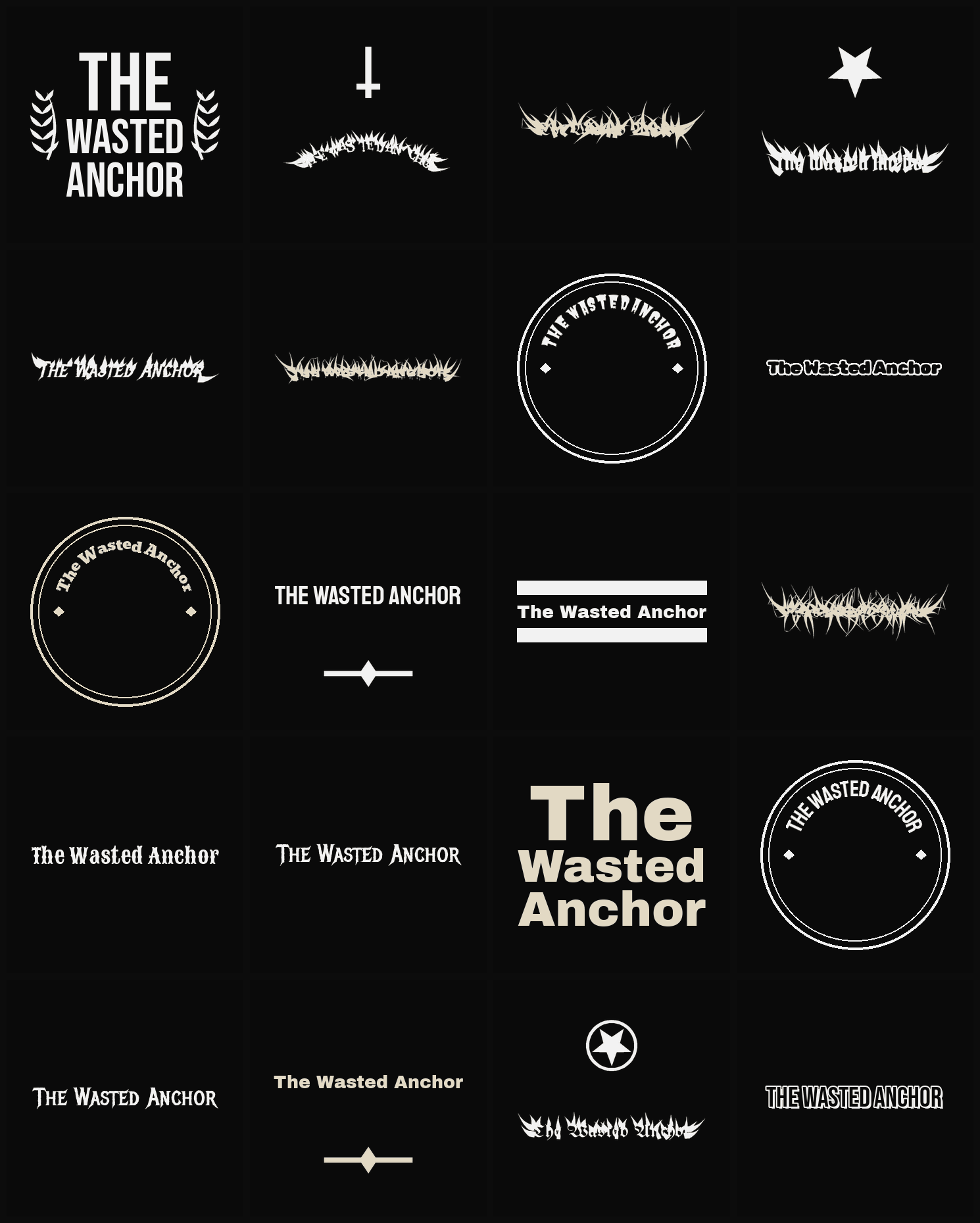 Twenty The Wasted Anchor band logo ideas — different faces, treatments and spike settings