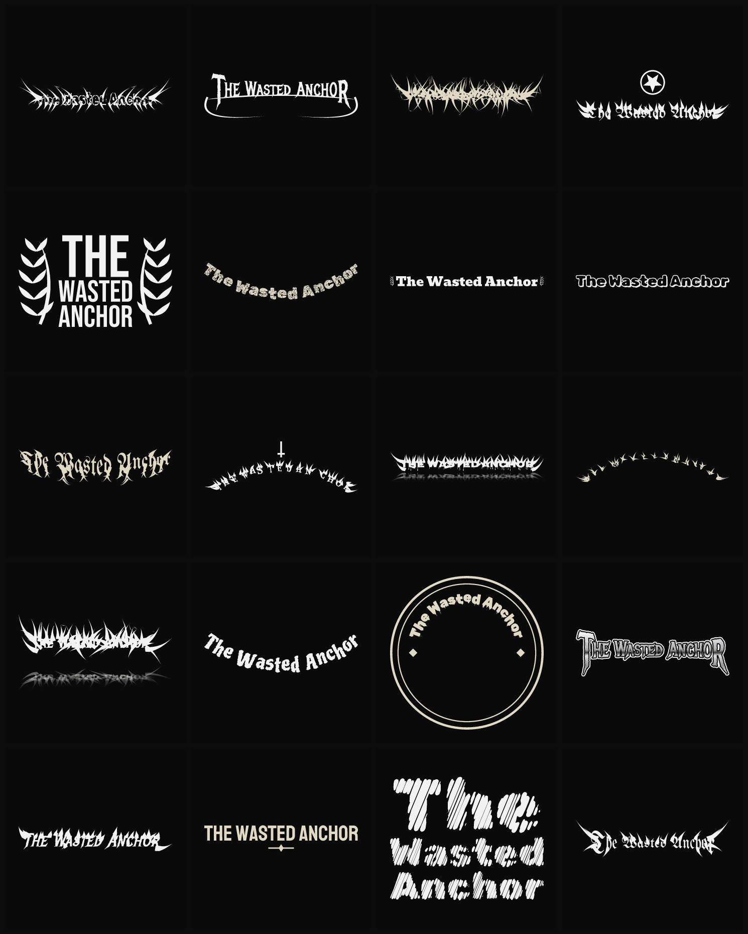 Twenty The Wasted Anchor band logo ideas — different faces, treatments and spike settings