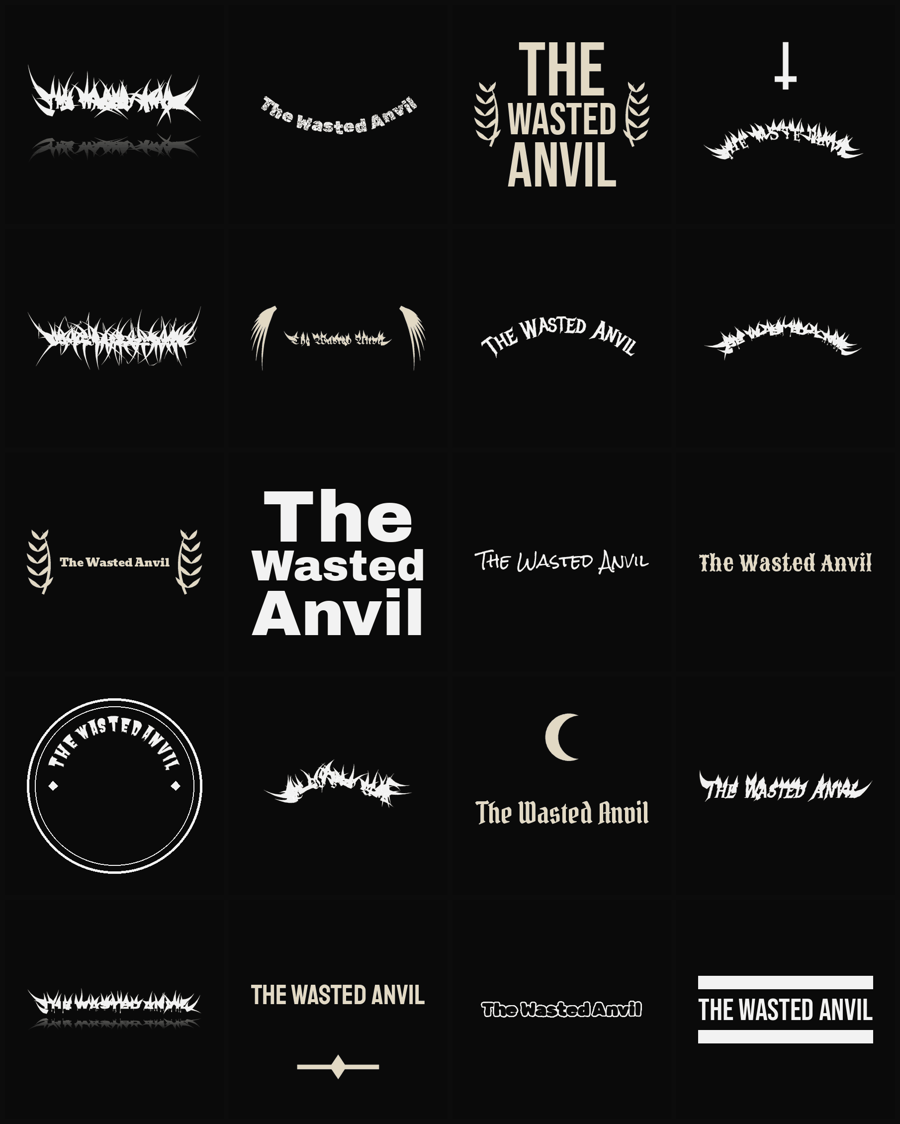 Twenty The Wasted Anvil band logo ideas — different faces, treatments and spike settings