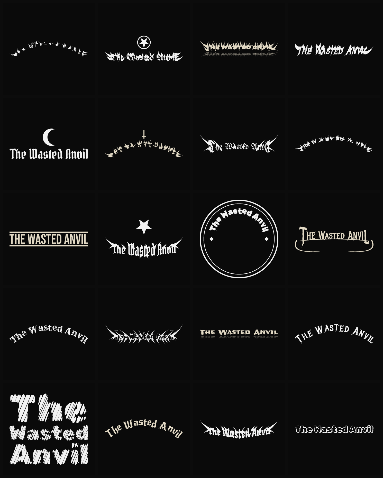 Twenty The Wasted Anvil band logo ideas — different faces, treatments and spike settings