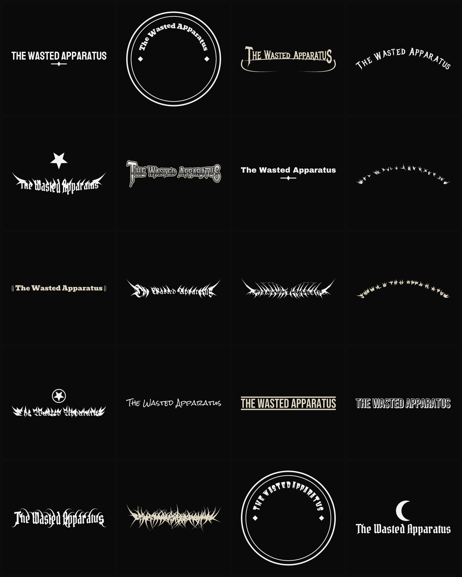 Twenty The Wasted Apparatus band logo ideas — different faces, treatments and spike settings