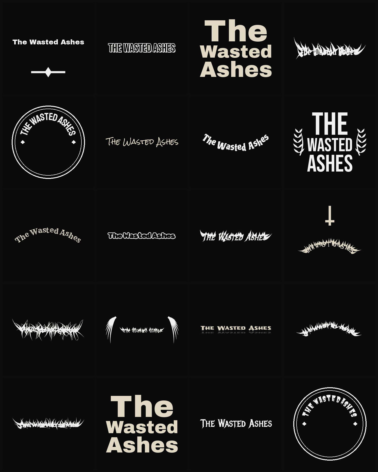 Twenty The Wasted Ashes band logo ideas — different faces, treatments and spike settings