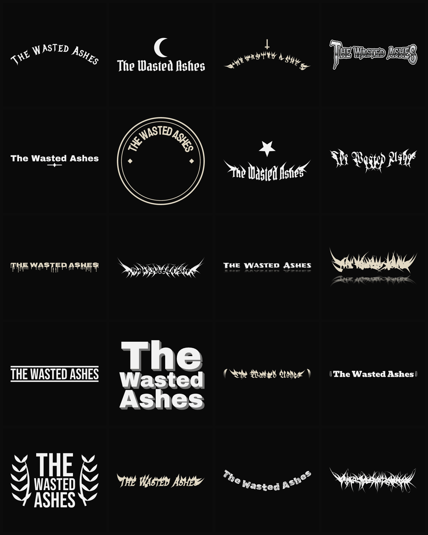 Twenty The Wasted Ashes band logo ideas — different faces, treatments and spike settings