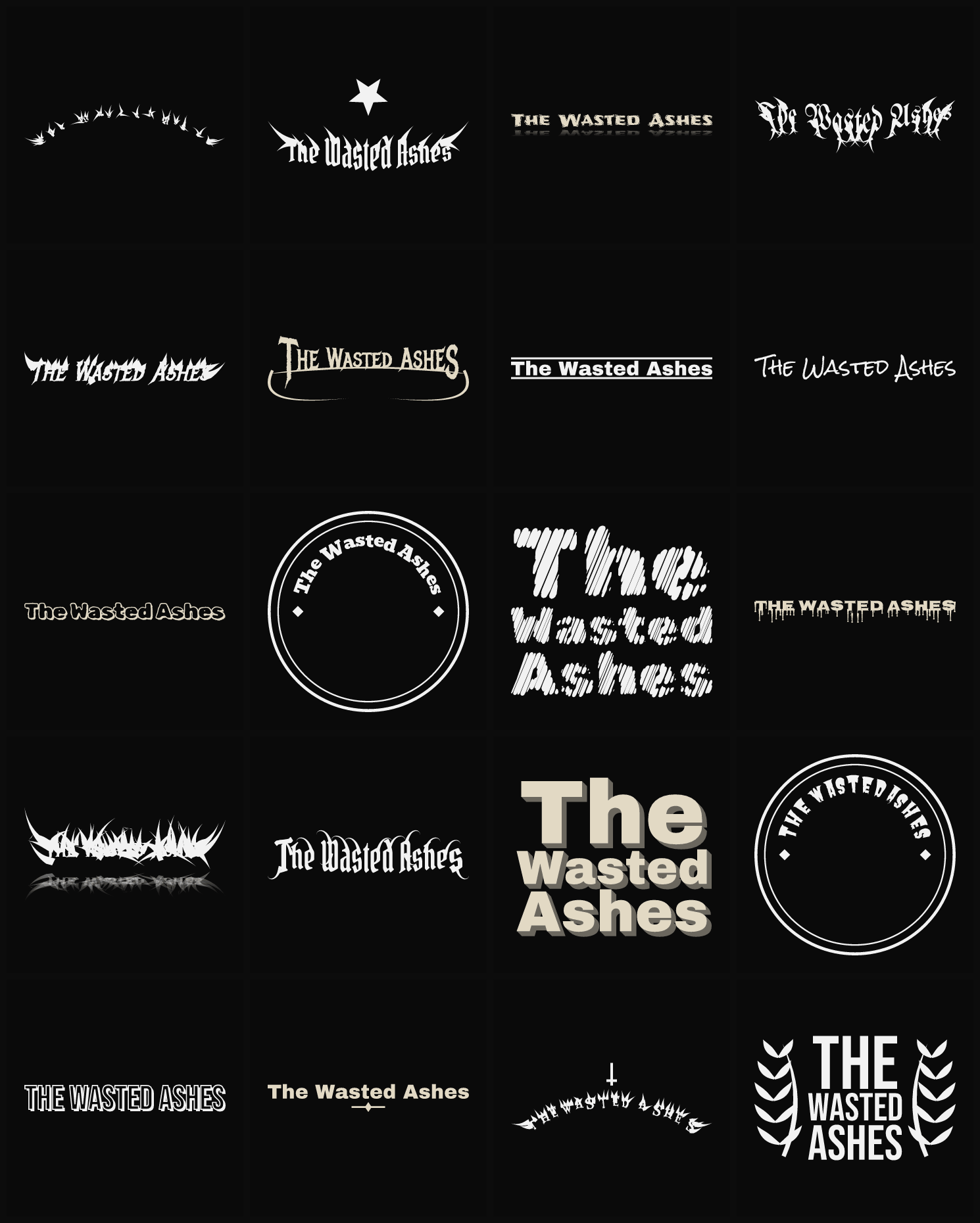 Twenty The Wasted Ashes band logo ideas — different faces, treatments and spike settings