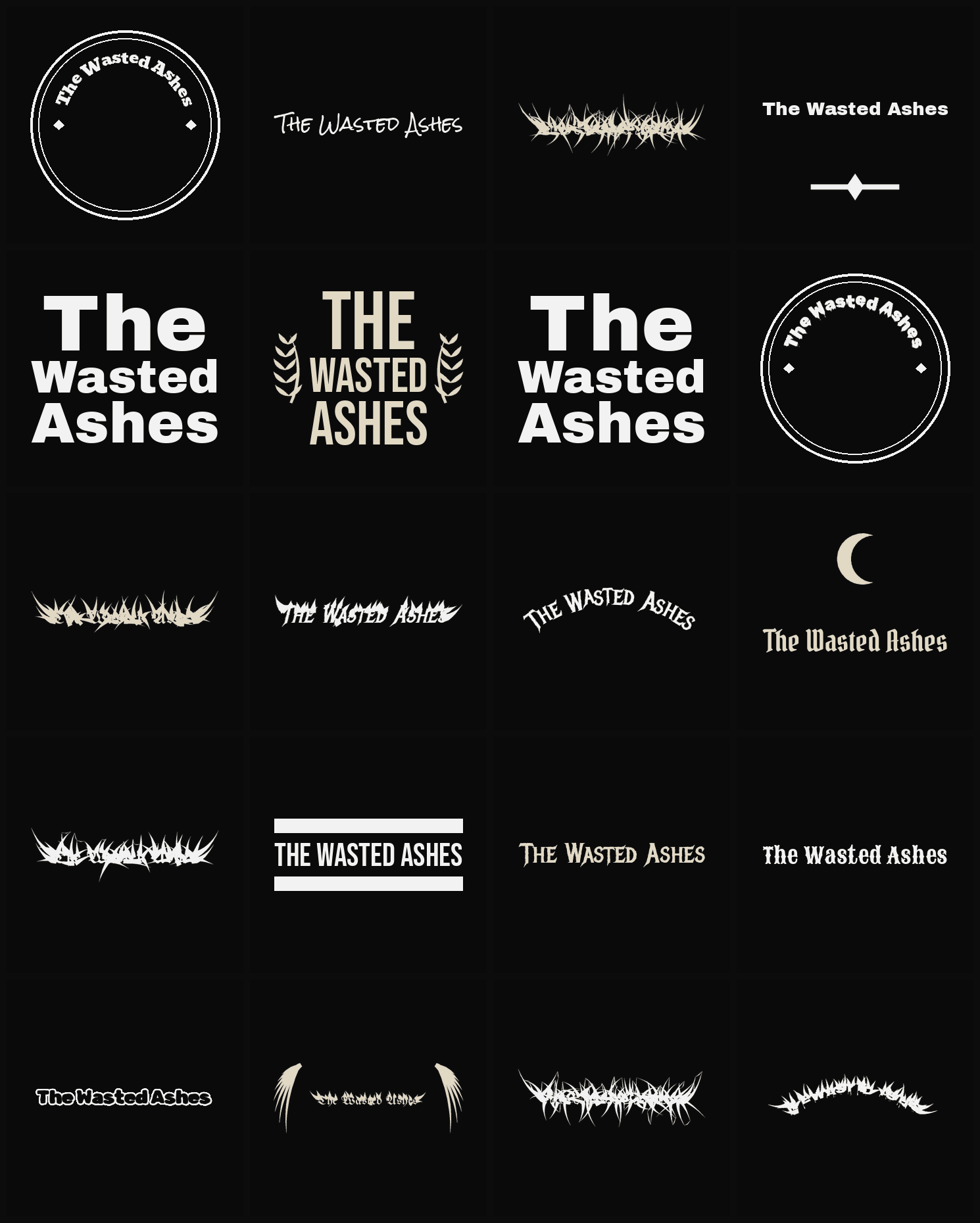 Twenty The Wasted Ashes band logo ideas — different faces, treatments and spike settings