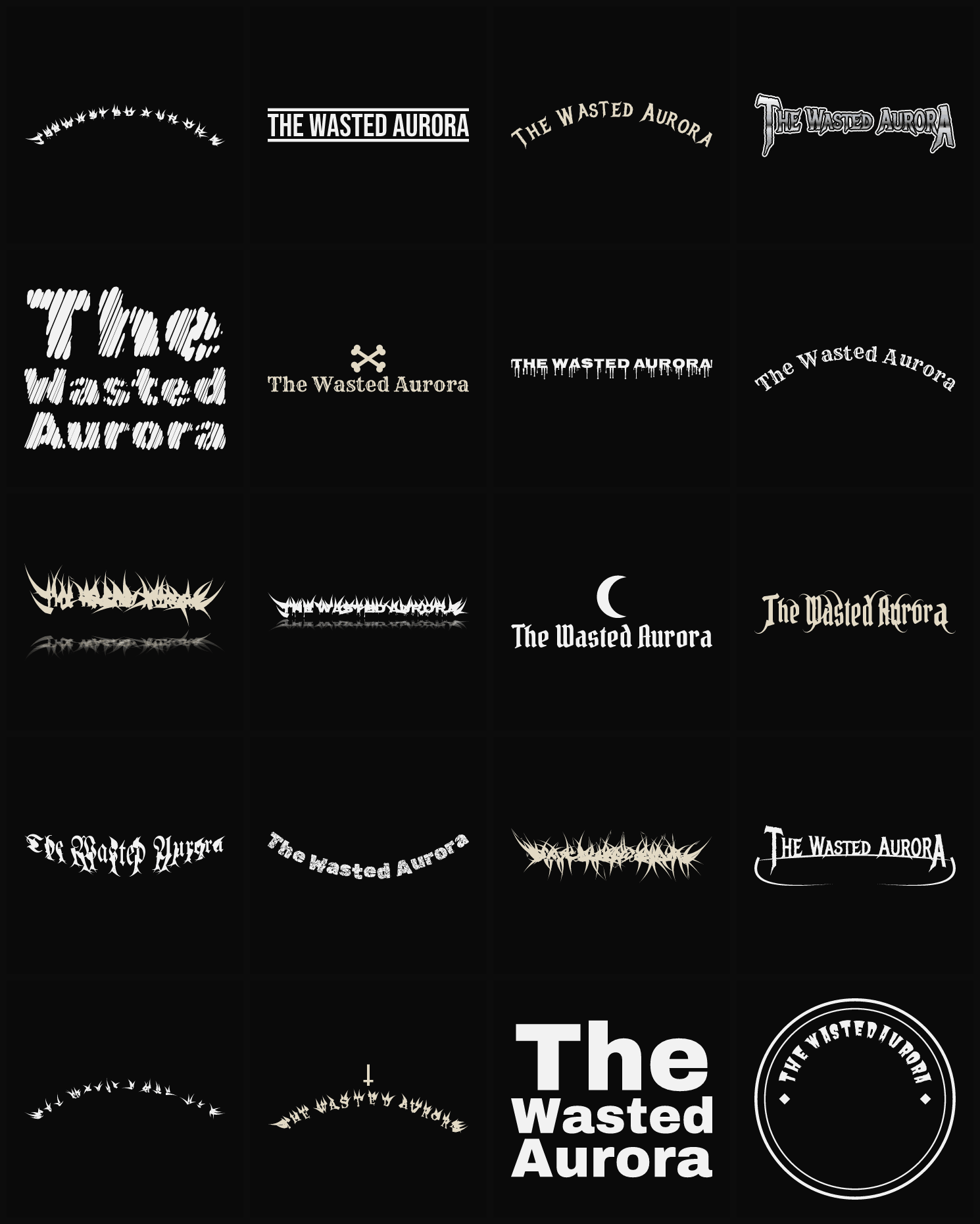 Twenty The Wasted Aurora band logo ideas — different faces, treatments and spike settings
