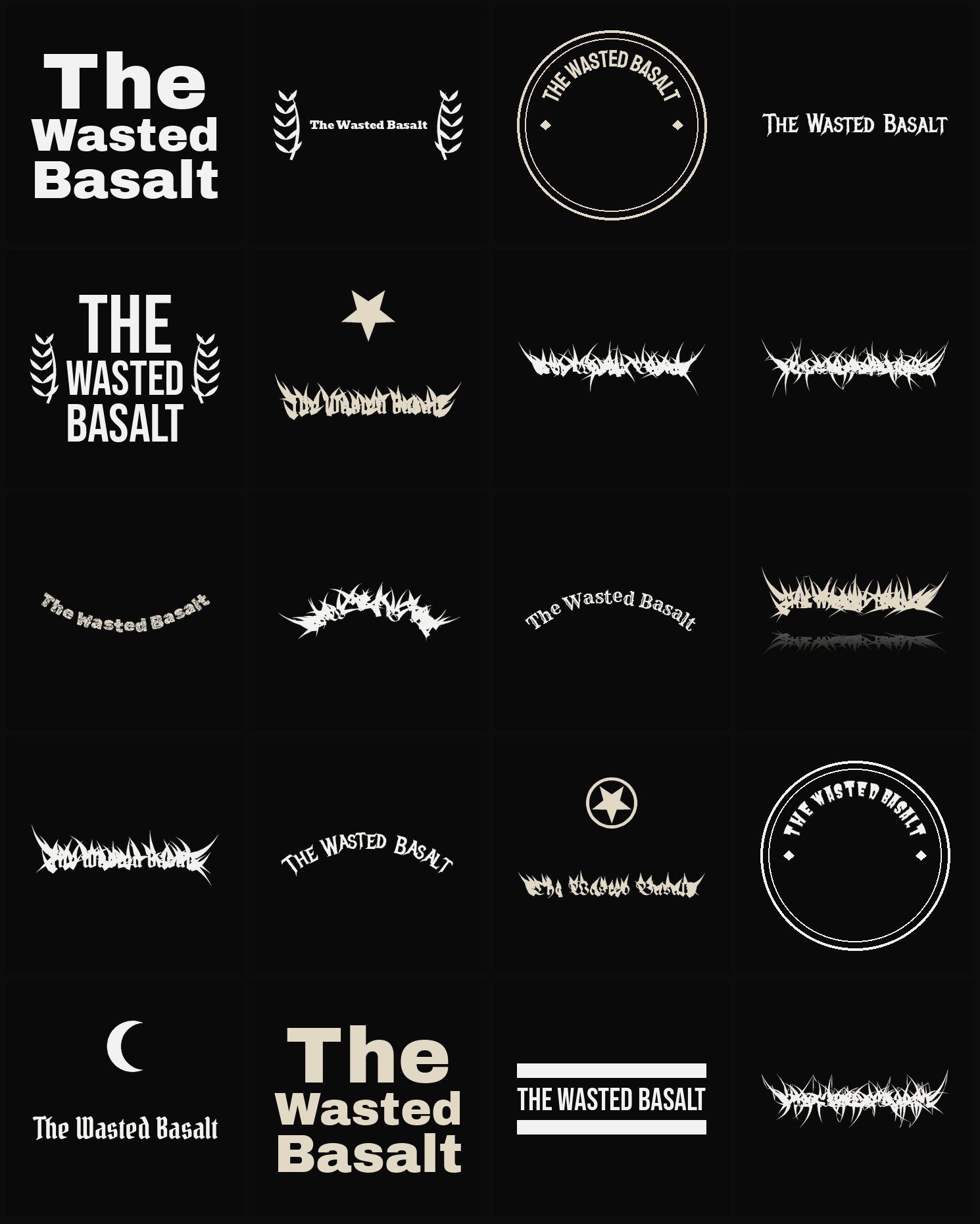 Twenty The Wasted Basalt band logo ideas — different faces, treatments and spike settings