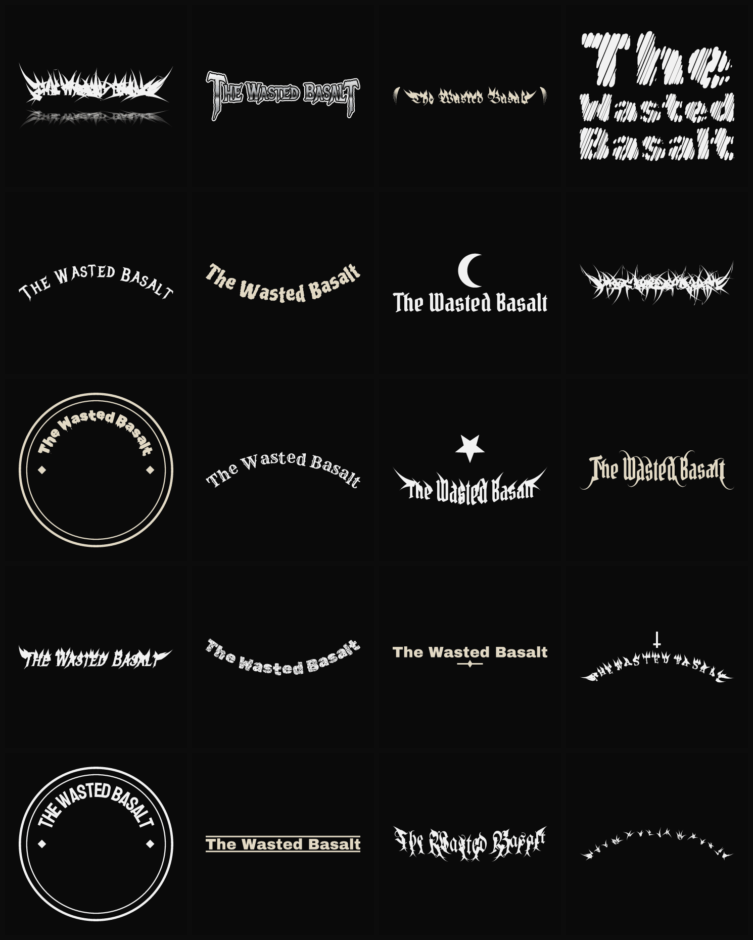 Twenty The Wasted Basalt band logo ideas — different faces, treatments and spike settings