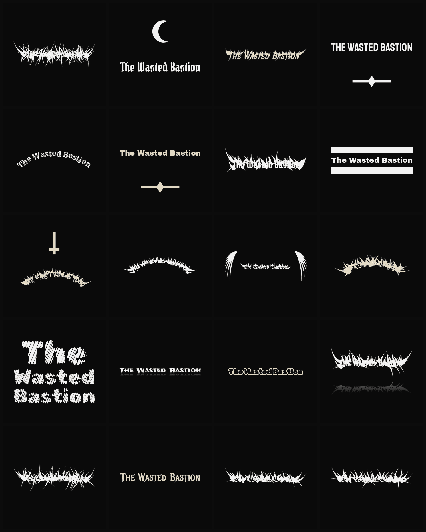 Twenty The Wasted Bastion band logo ideas — different faces, treatments and spike settings