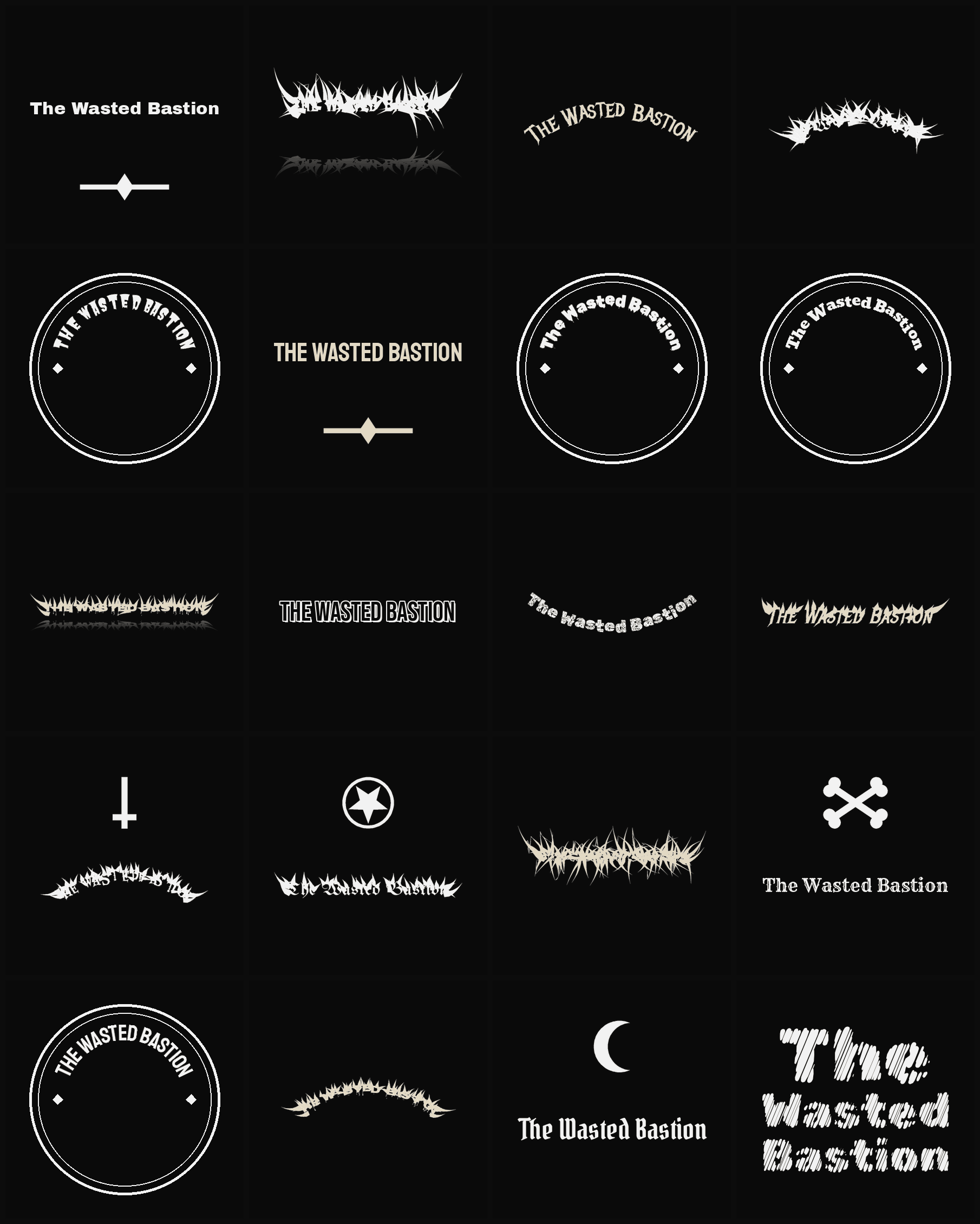 Twenty The Wasted Bastion band logo ideas — different faces, treatments and spike settings
