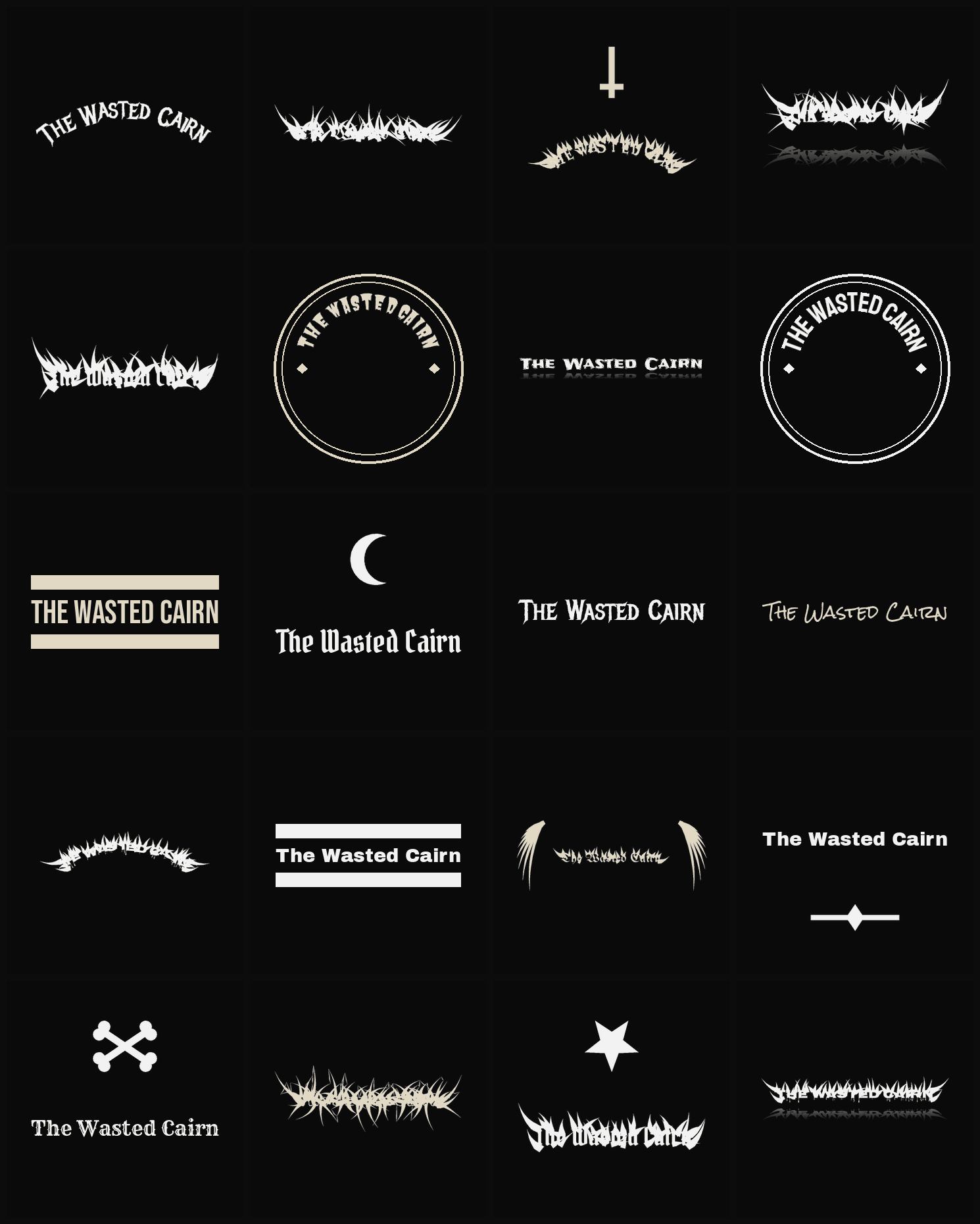 Twenty The Wasted Cairn band logo ideas — different faces, treatments and spike settings