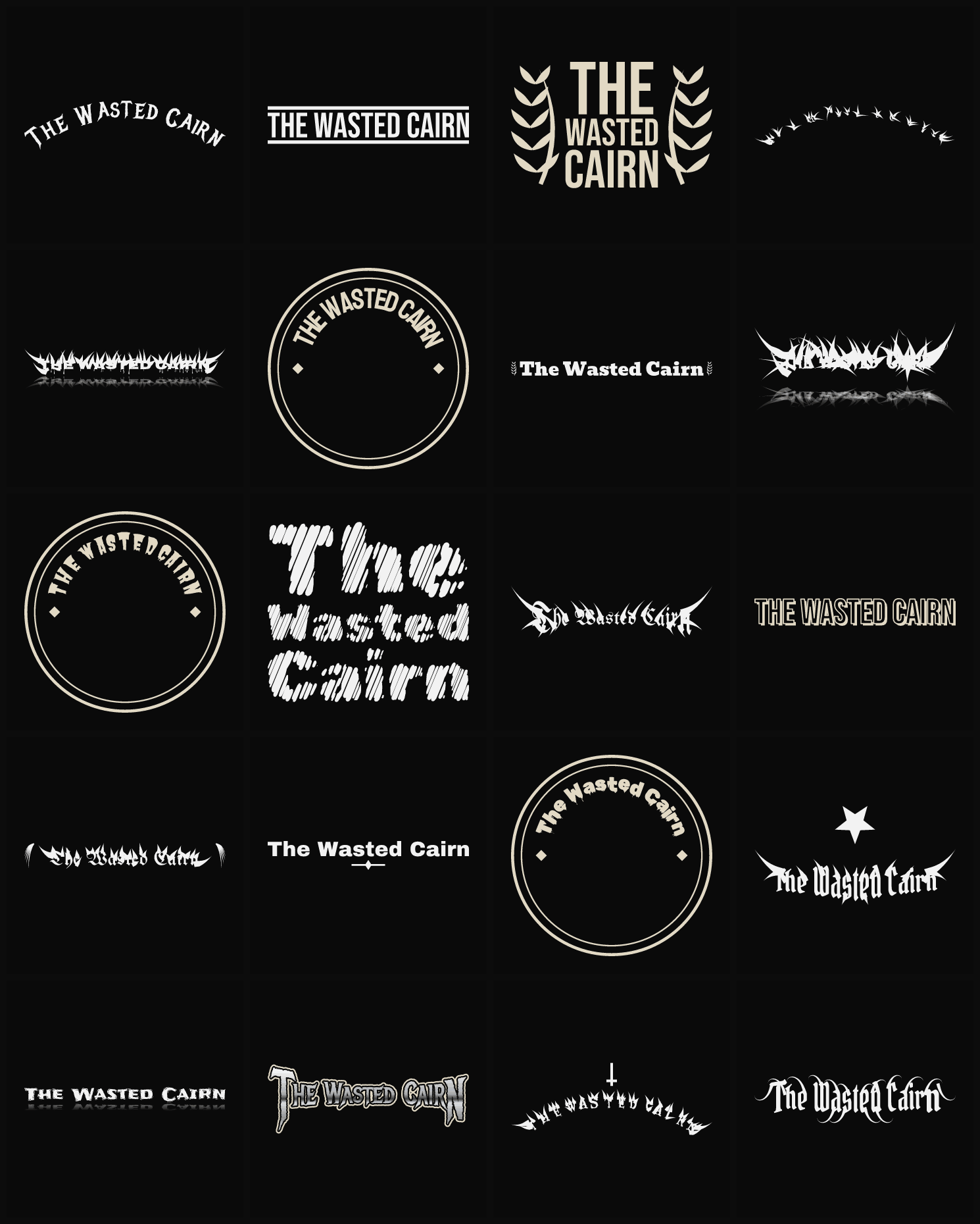 Twenty The Wasted Cairn band logo ideas — different faces, treatments and spike settings