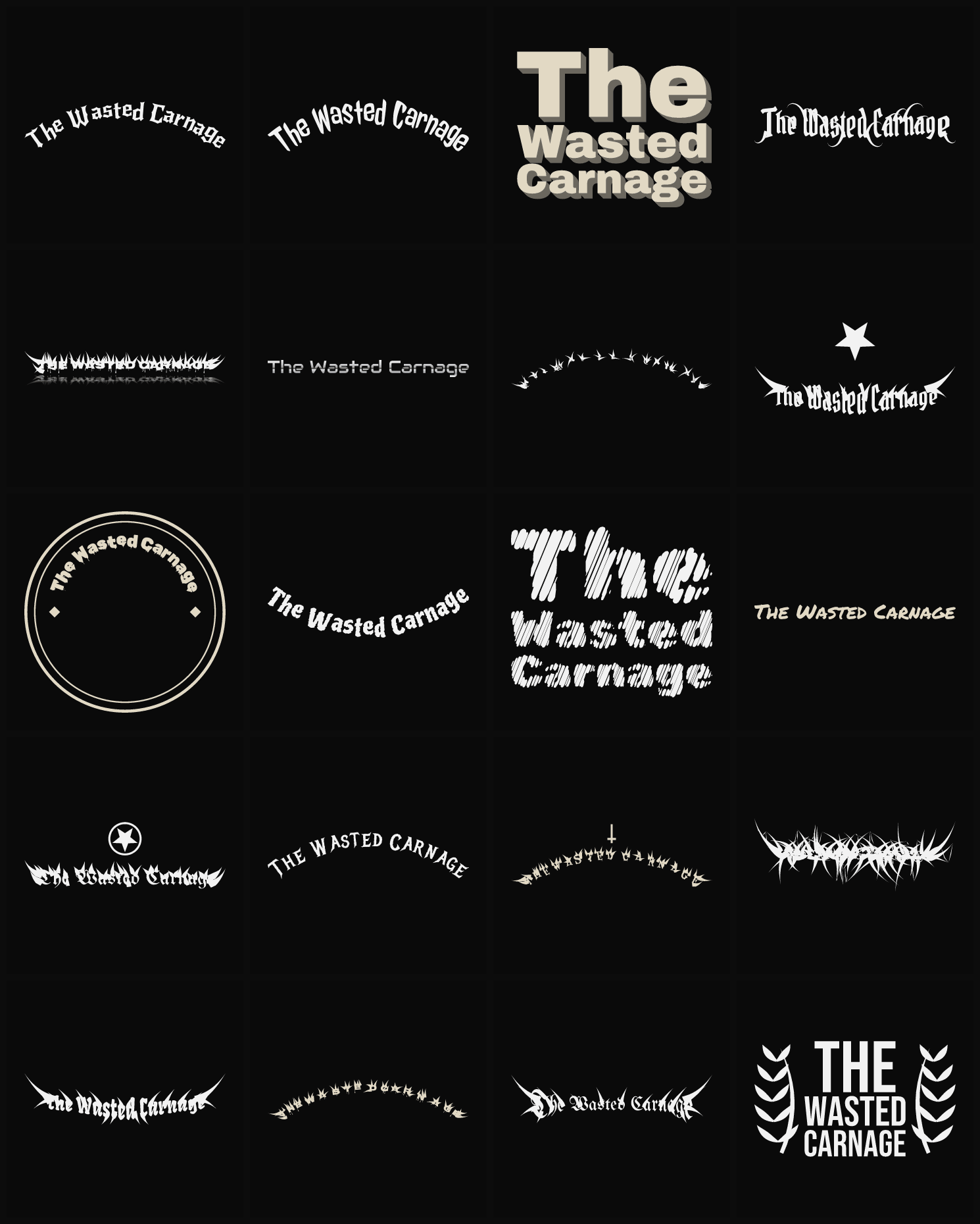 Twenty The Wasted Carnage band logo ideas — different faces, treatments and spike settings