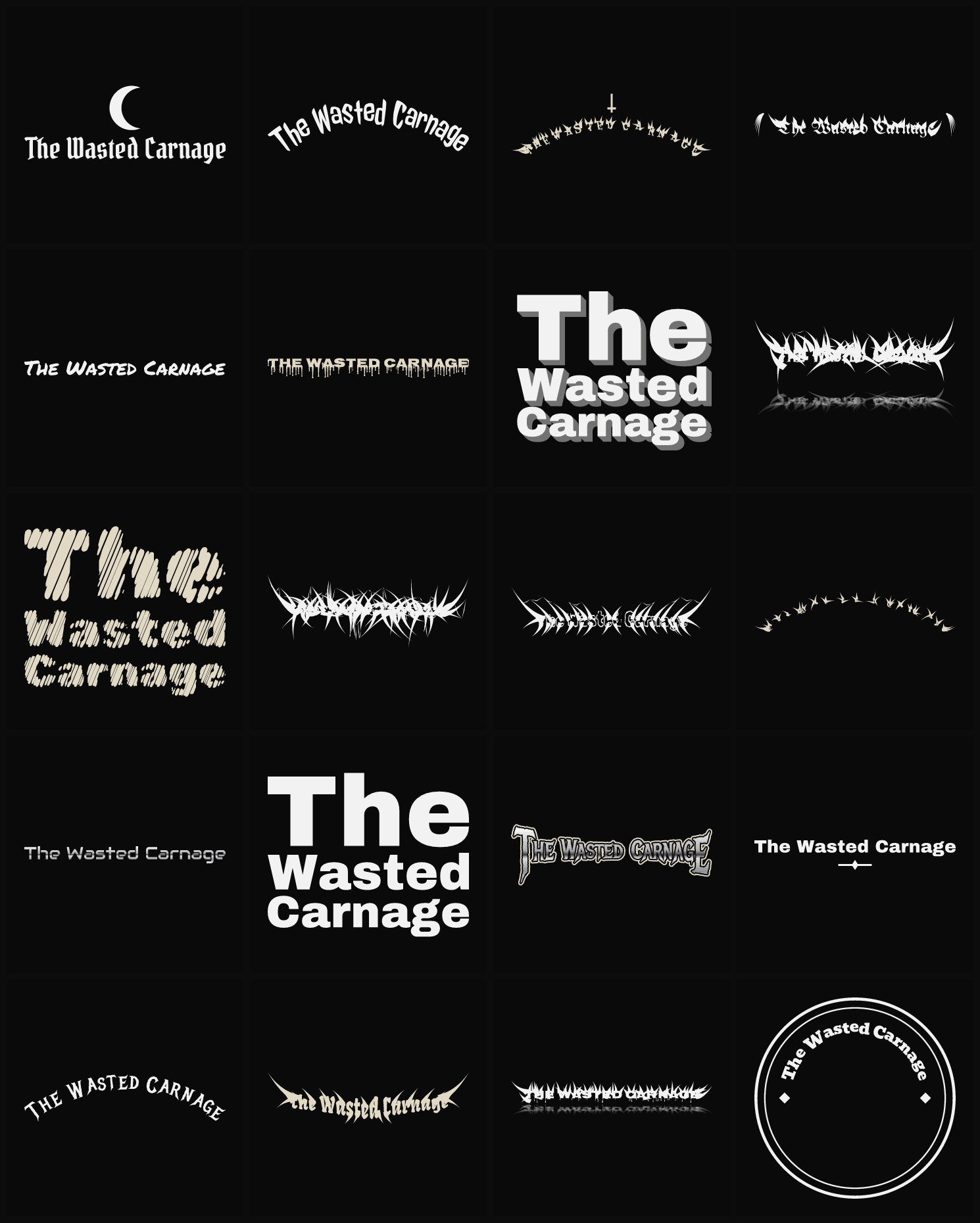 Twenty The Wasted Carnage band logo ideas — different faces, treatments and spike settings
