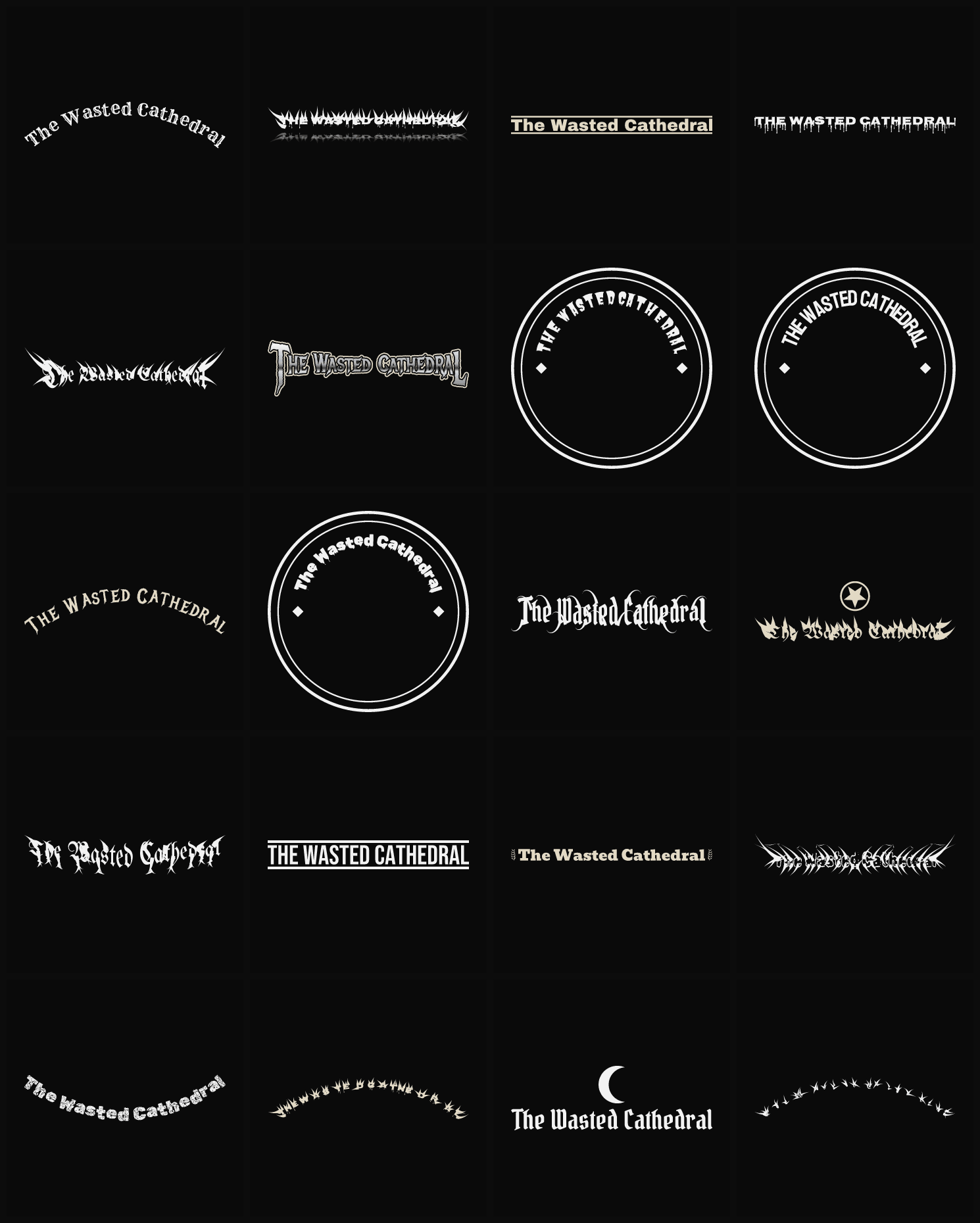Twenty The Wasted Cathedral band logo ideas — different faces, treatments and spike settings