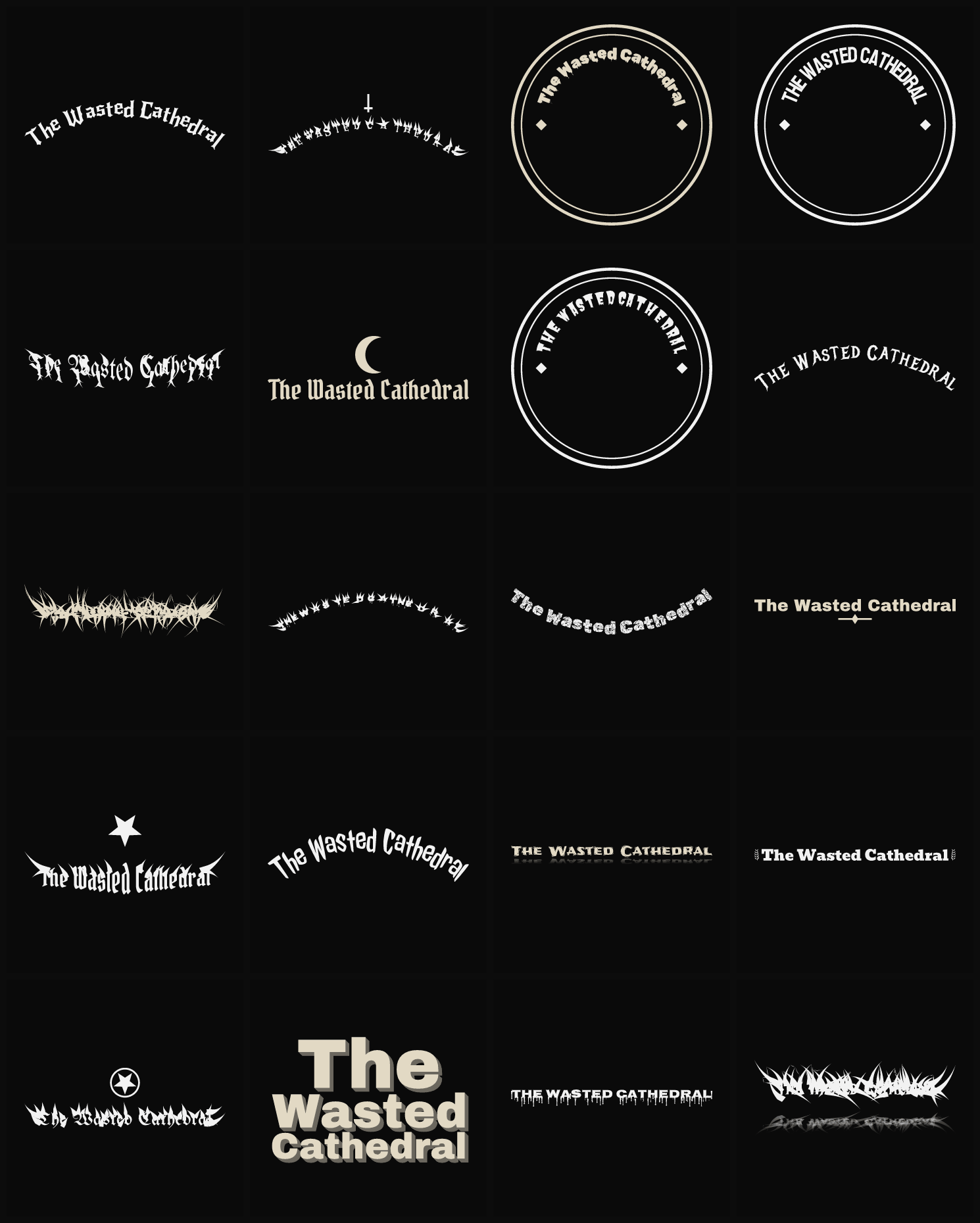 Twenty The Wasted Cathedral band logo ideas — different faces, treatments and spike settings