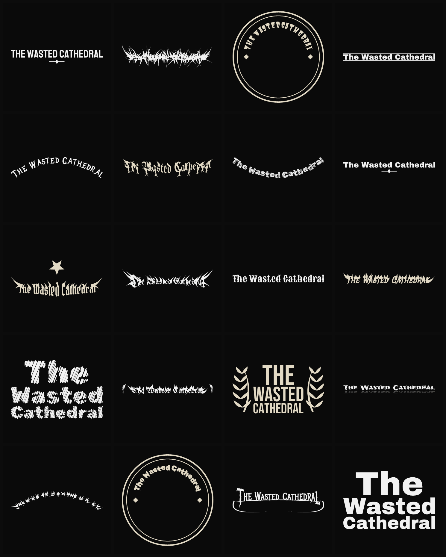 Twenty The Wasted Cathedral band logo ideas — different faces, treatments and spike settings