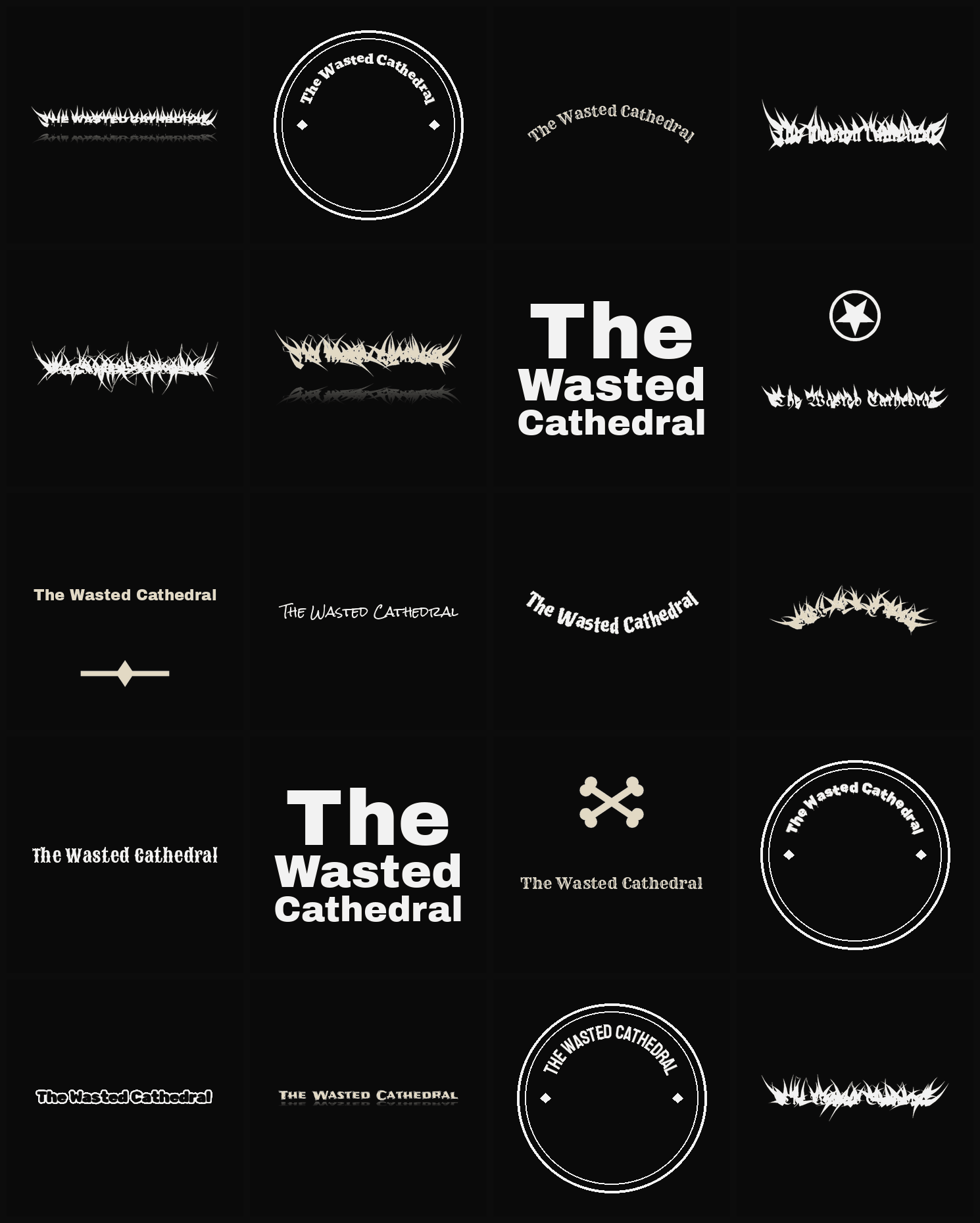 Twenty The Wasted Cathedral band logo ideas — different faces, treatments and spike settings