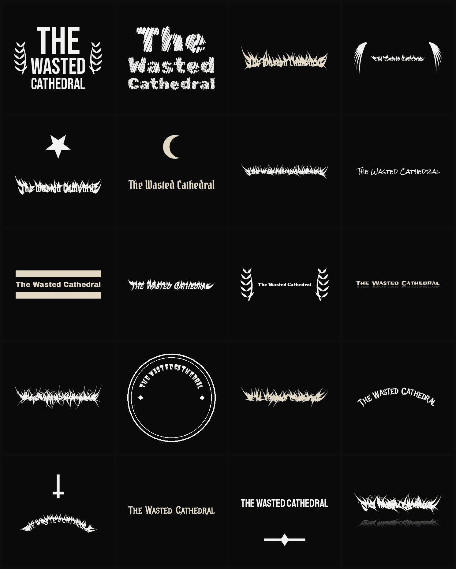Twenty The Wasted Cathedral band logo ideas — different faces, treatments and spike settings