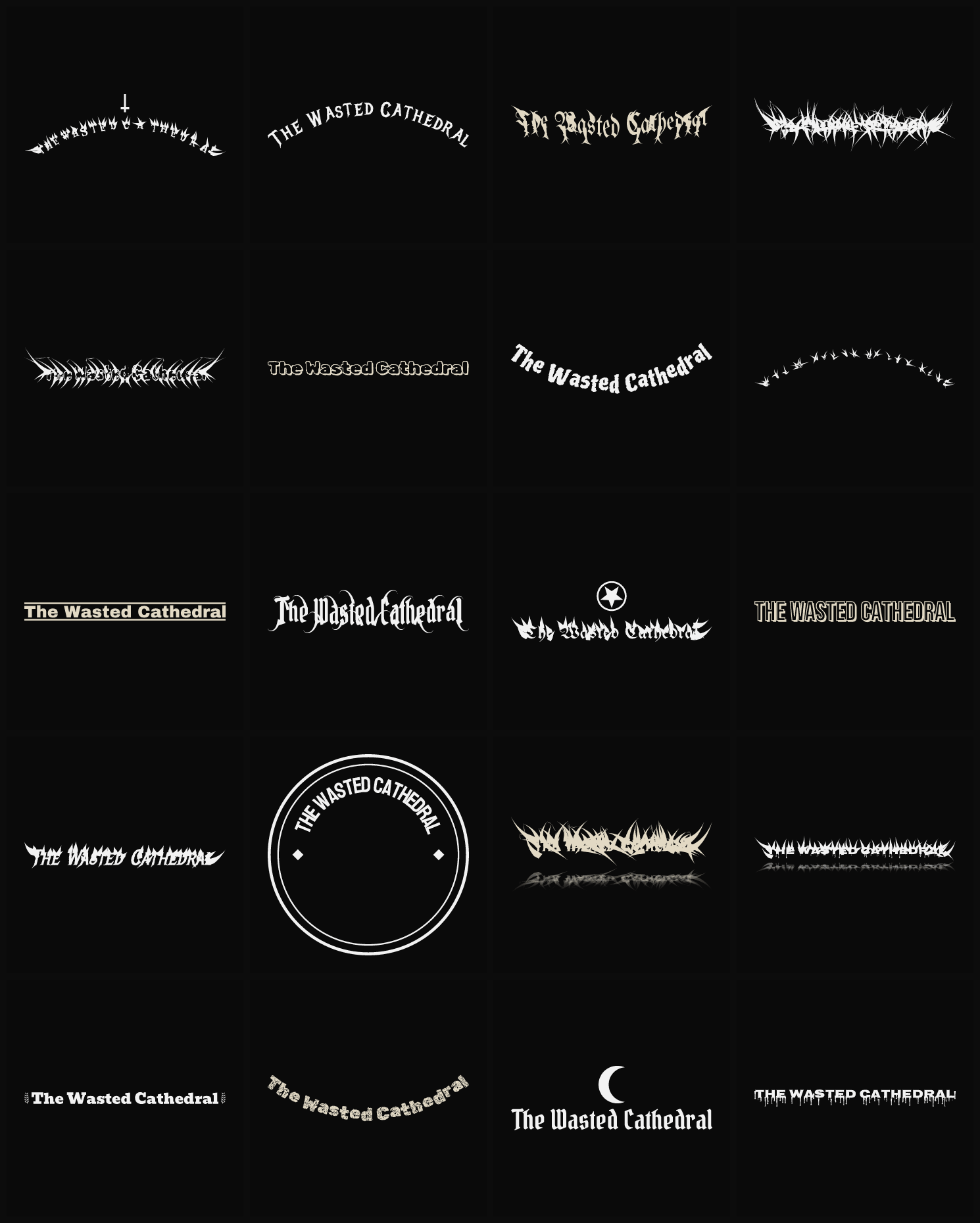 Twenty The Wasted Cathedral band logo ideas — different faces, treatments and spike settings