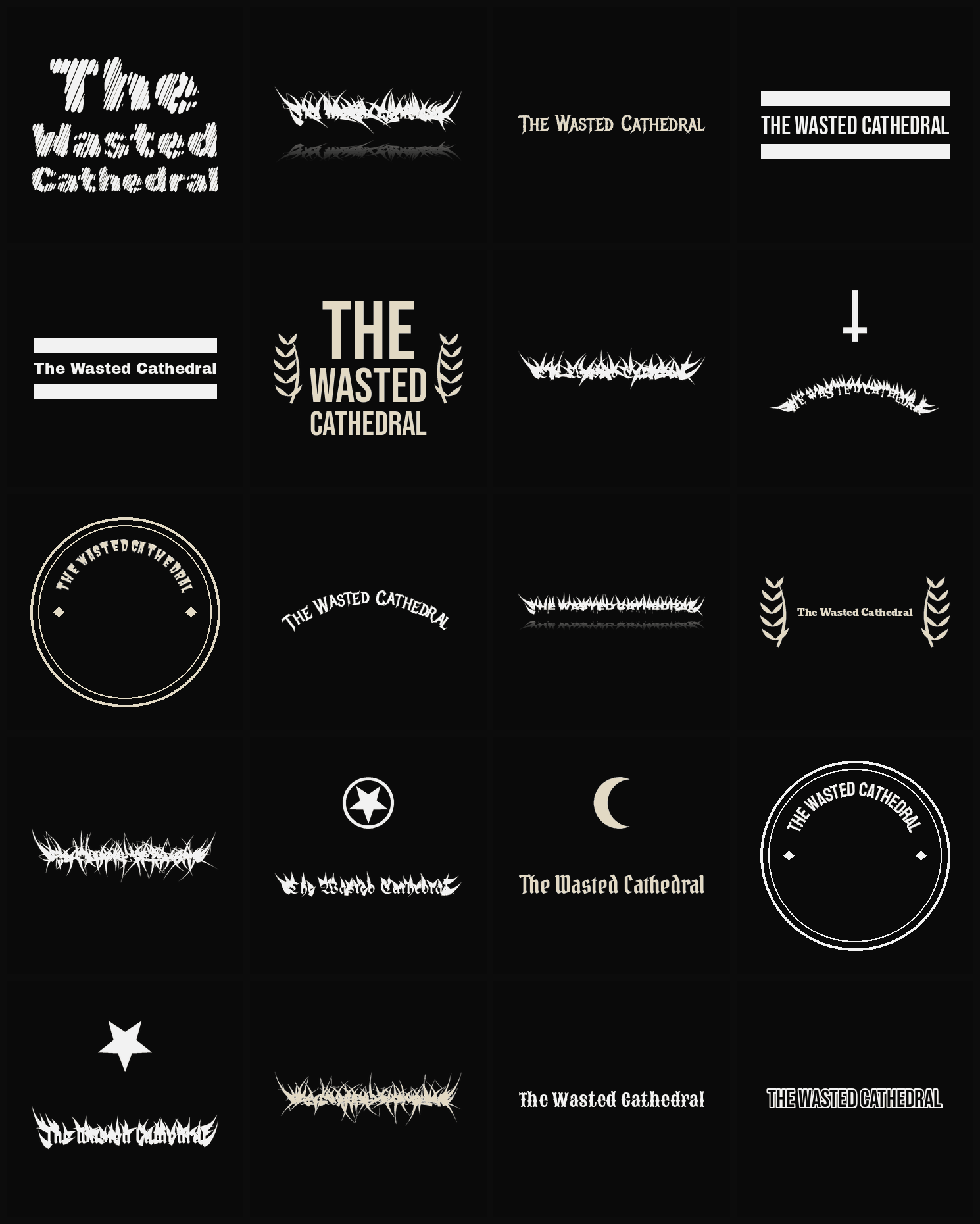 Twenty The Wasted Cathedral band logo ideas — different faces, treatments and spike settings