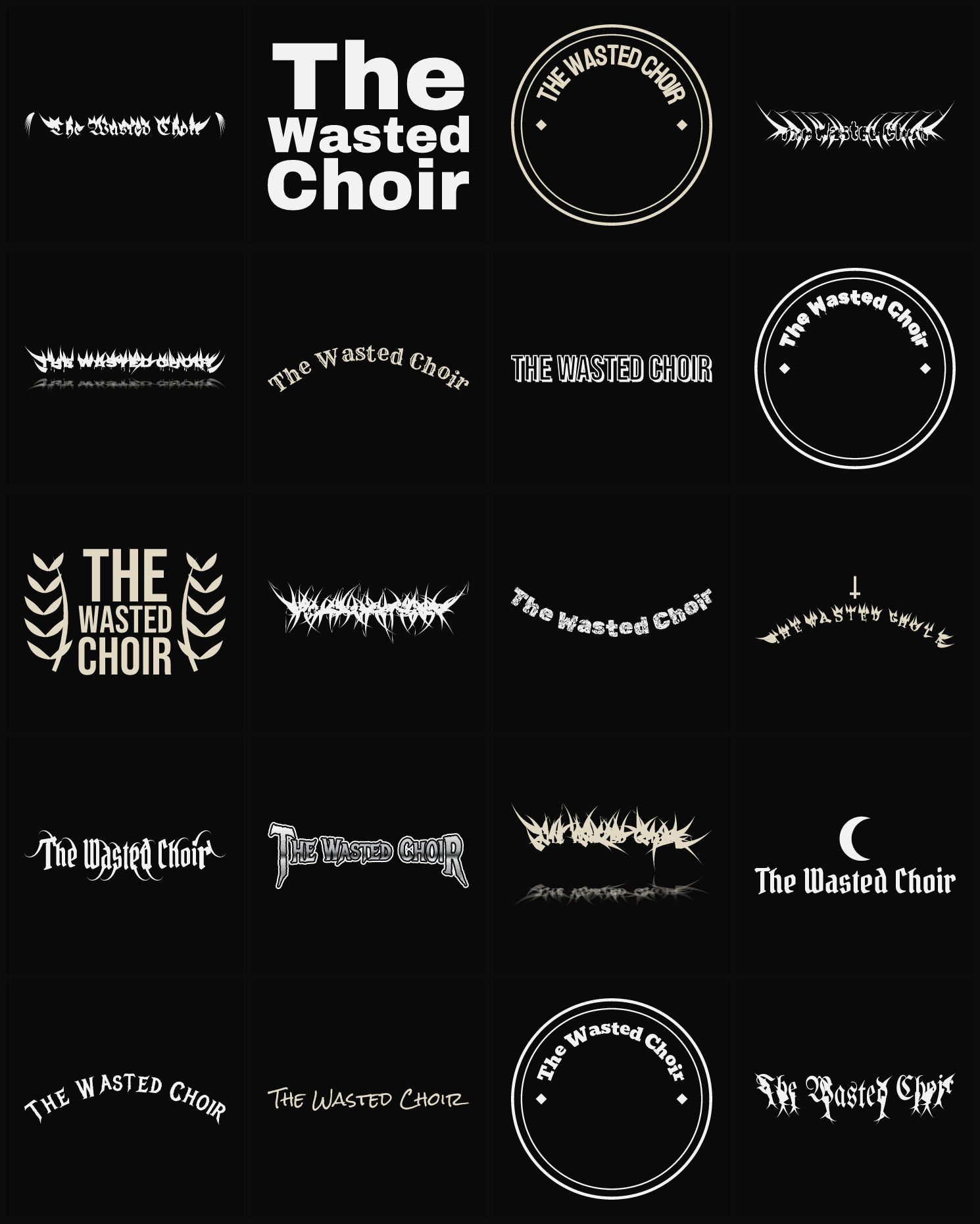 Twenty The Wasted Choir band logo ideas — different faces, treatments and spike settings