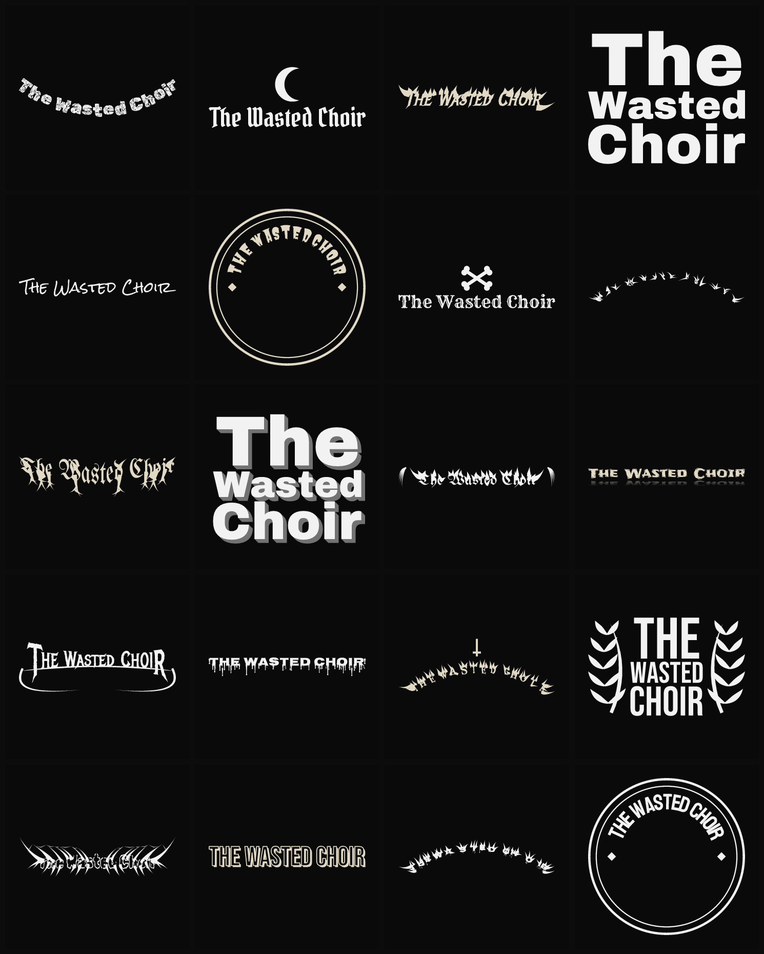 Twenty The Wasted Choir band logo ideas — different faces, treatments and spike settings