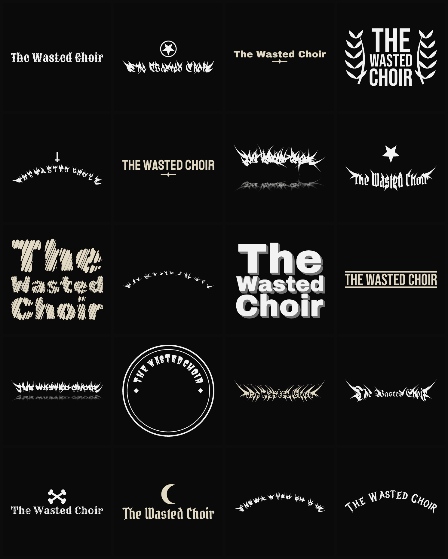 Twenty The Wasted Choir band logo ideas — different faces, treatments and spike settings
