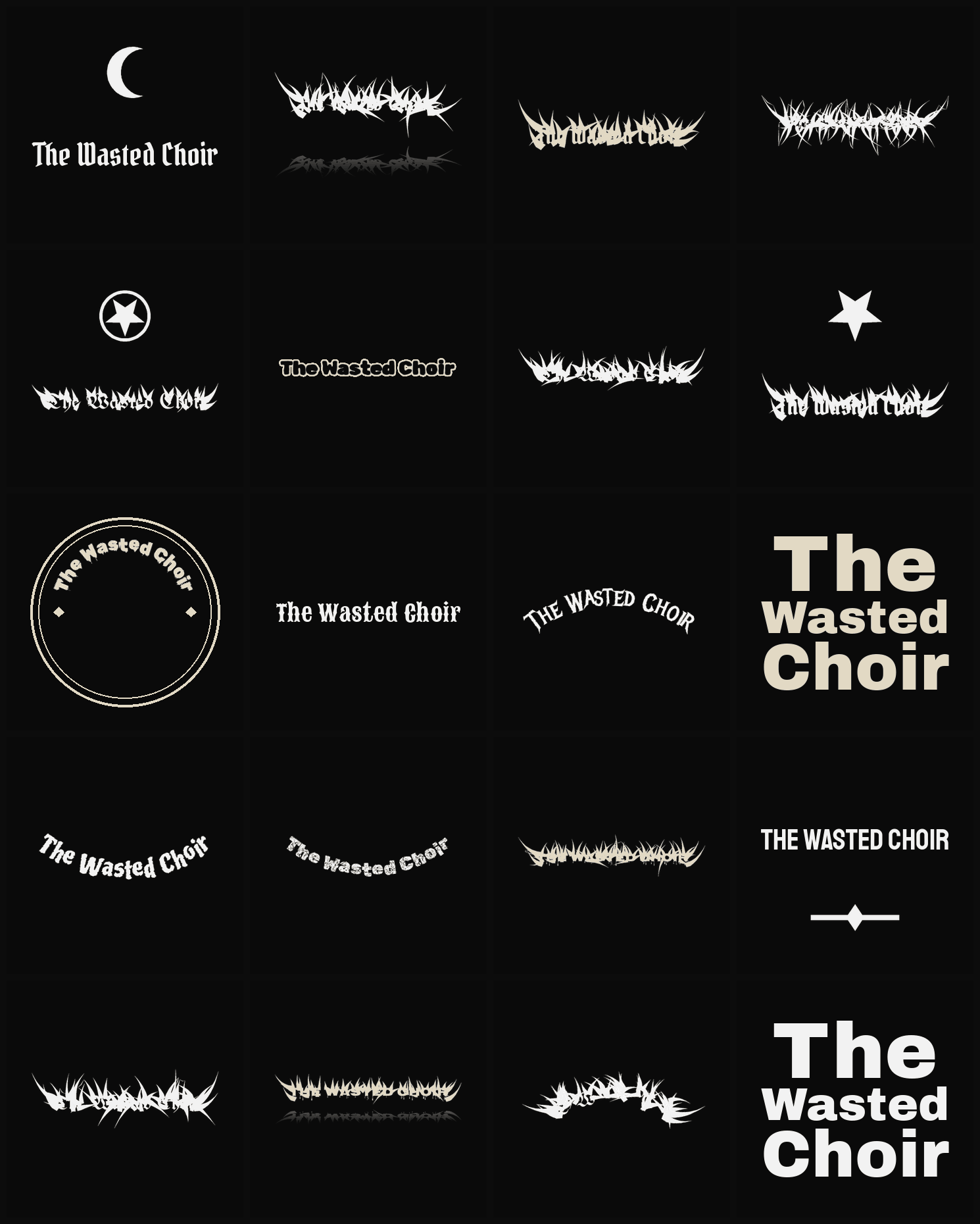 Twenty The Wasted Choir band logo ideas — different faces, treatments and spike settings