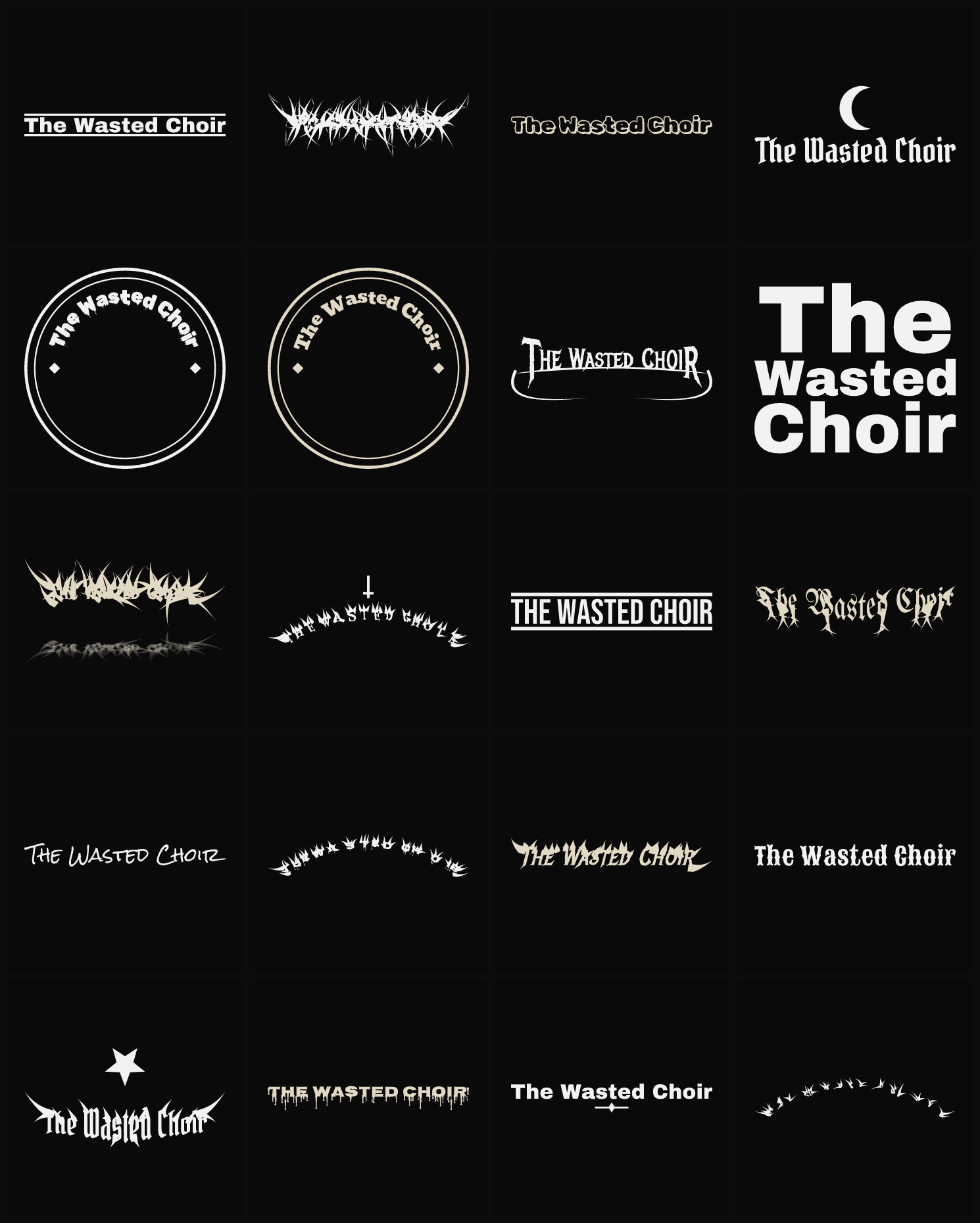 Twenty The Wasted Choir band logo ideas — different faces, treatments and spike settings
