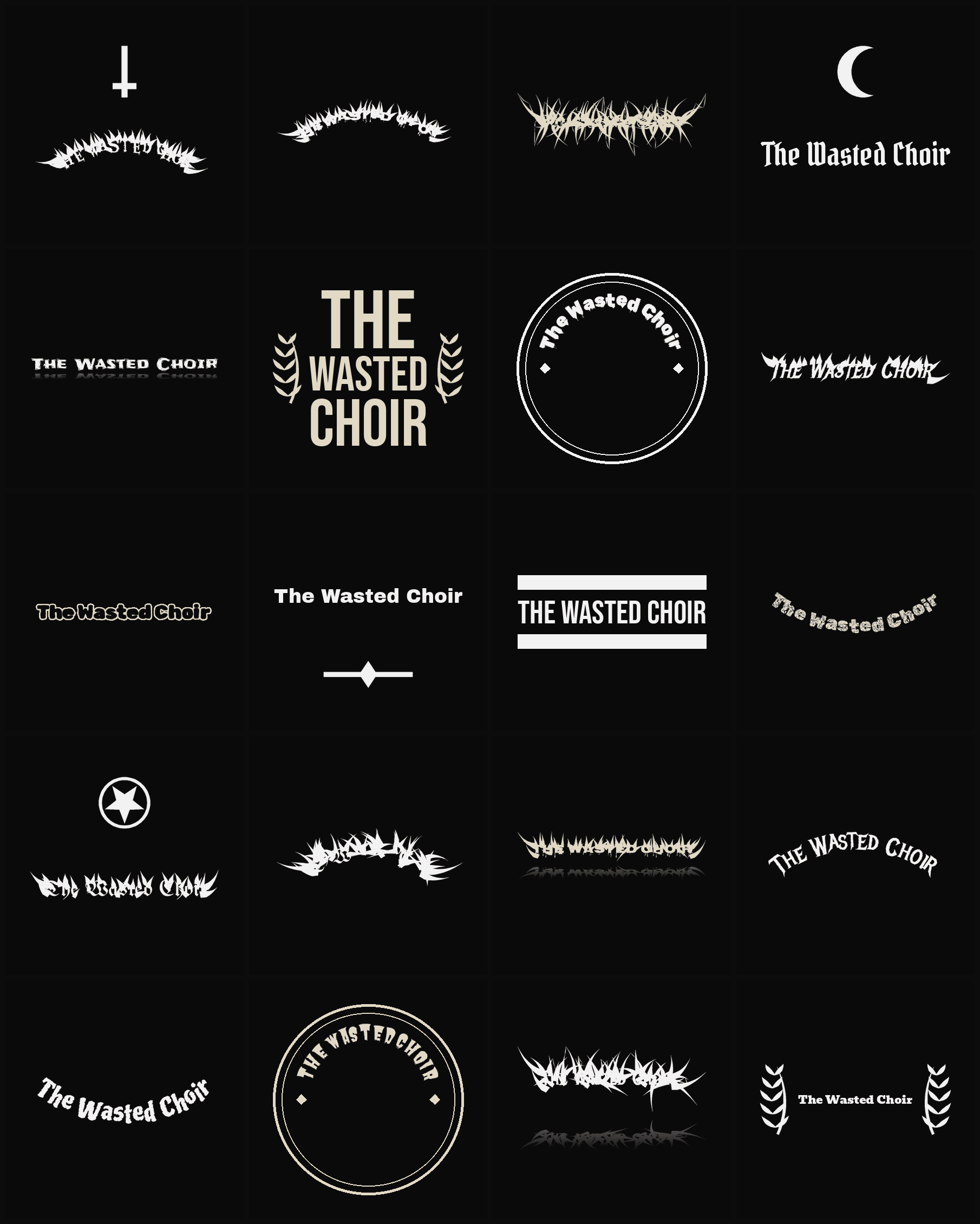 Twenty The Wasted Choir band logo ideas — different faces, treatments and spike settings