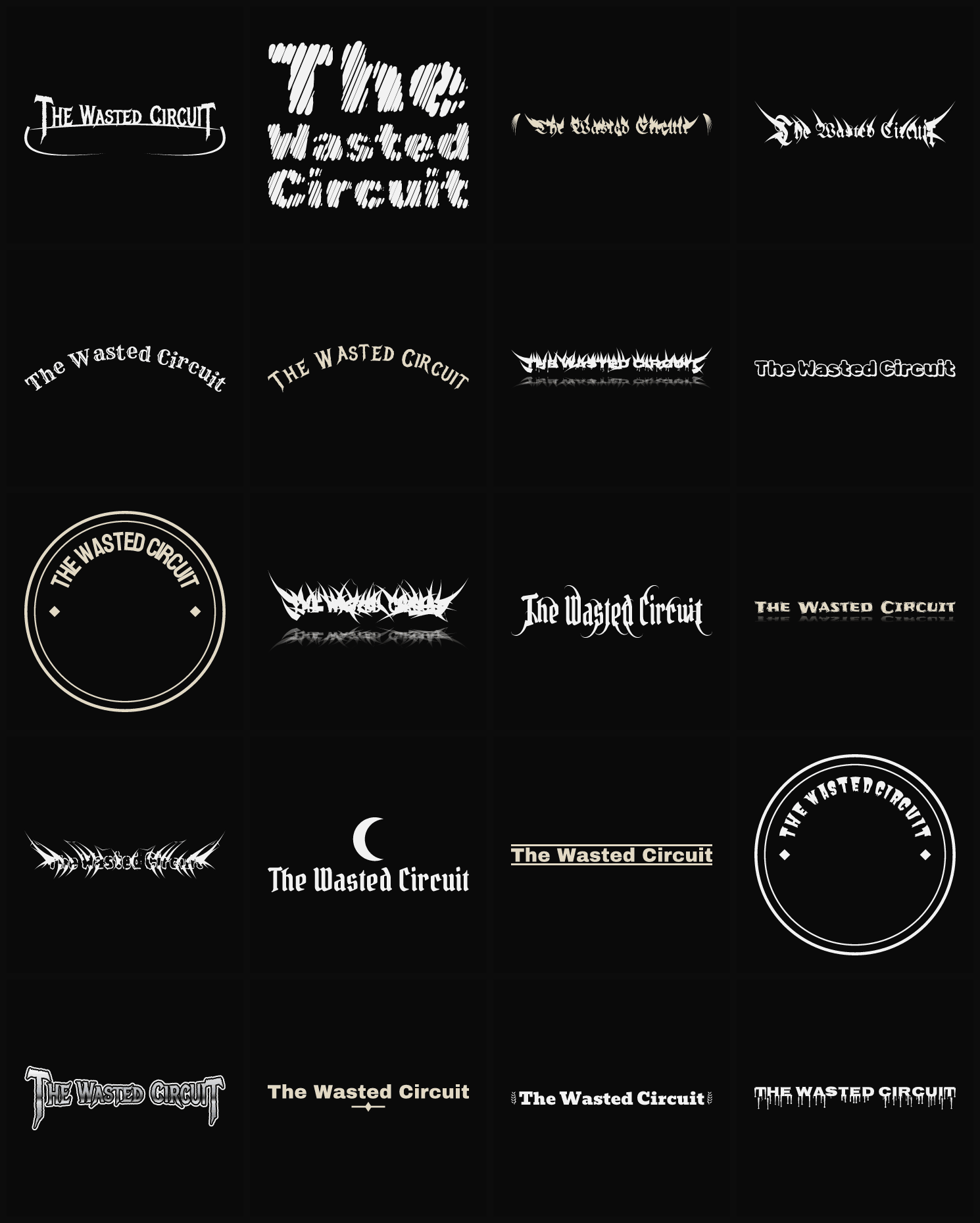 Twenty The Wasted Circuit band logo ideas — different faces, treatments and spike settings