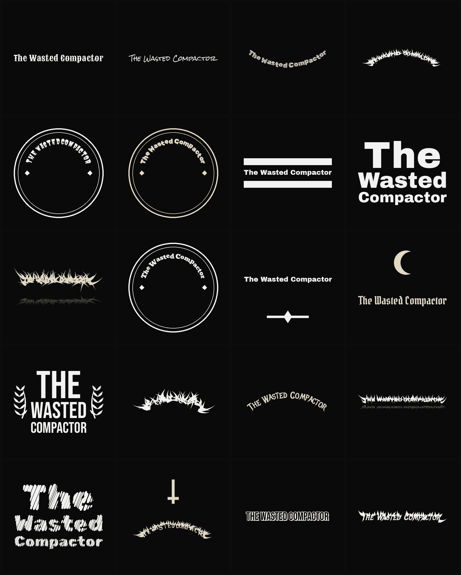 Twenty The Wasted Compactor band logo ideas — different faces, treatments and spike settings