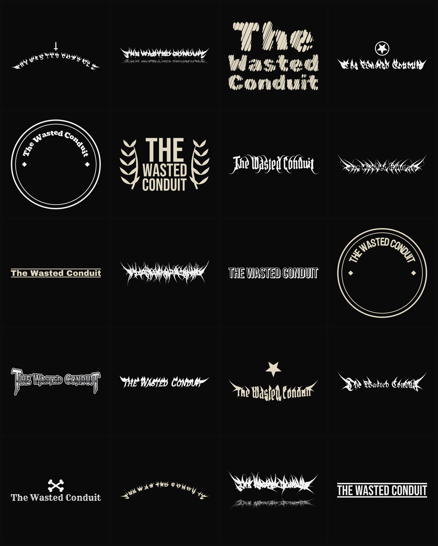 Twenty The Wasted Conduit band logo ideas — different faces, treatments and spike settings
