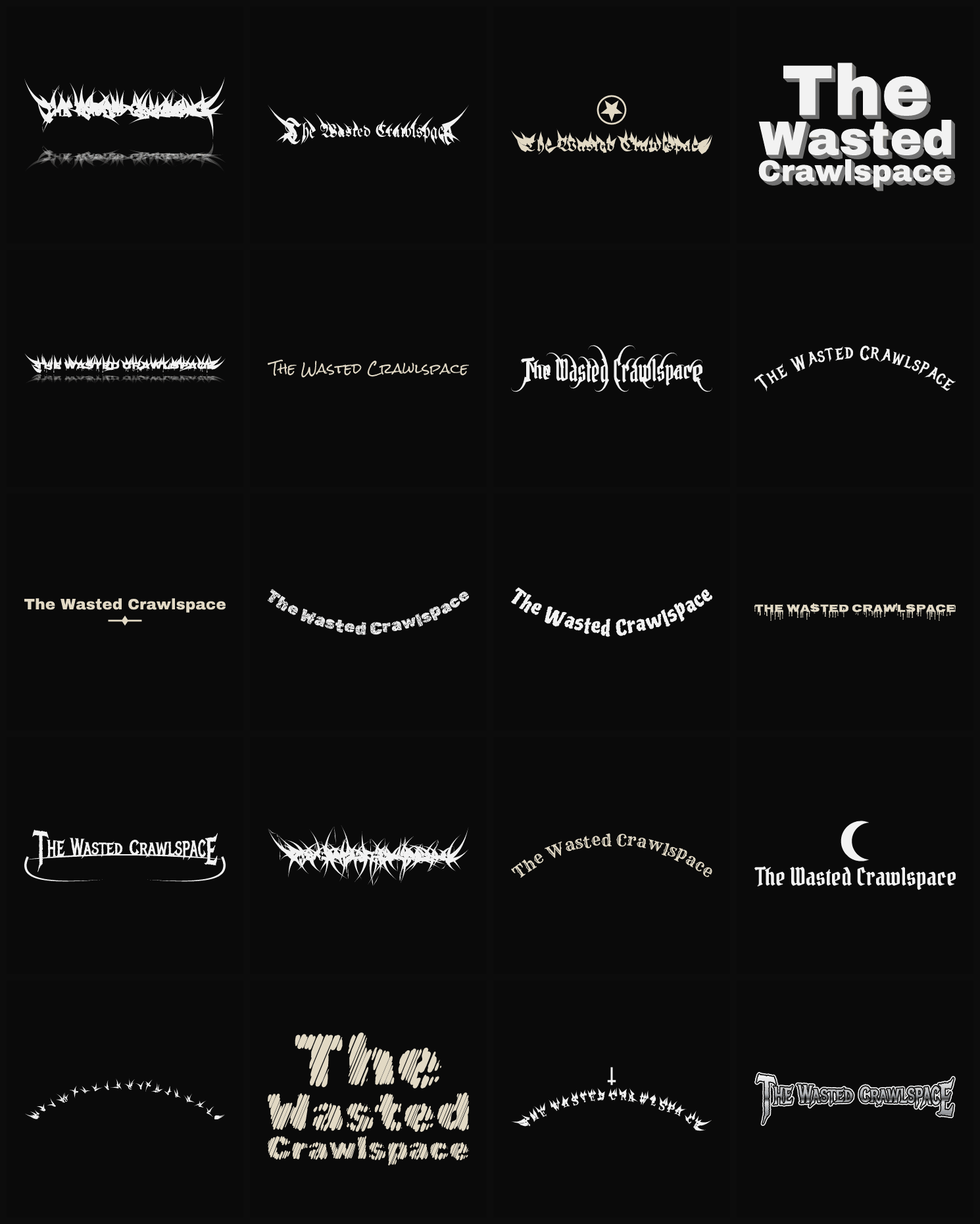 Twenty The Wasted Crawlspace band logo ideas — different faces, treatments and spike settings