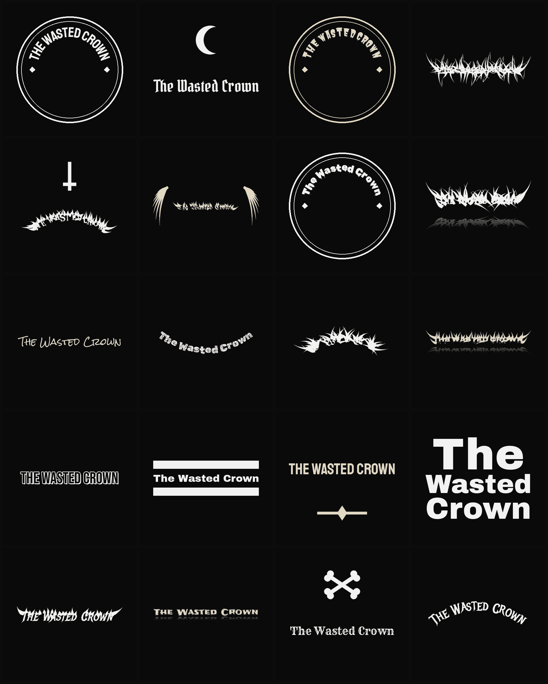 Twenty The Wasted Crown band logo ideas — different faces, treatments and spike settings
