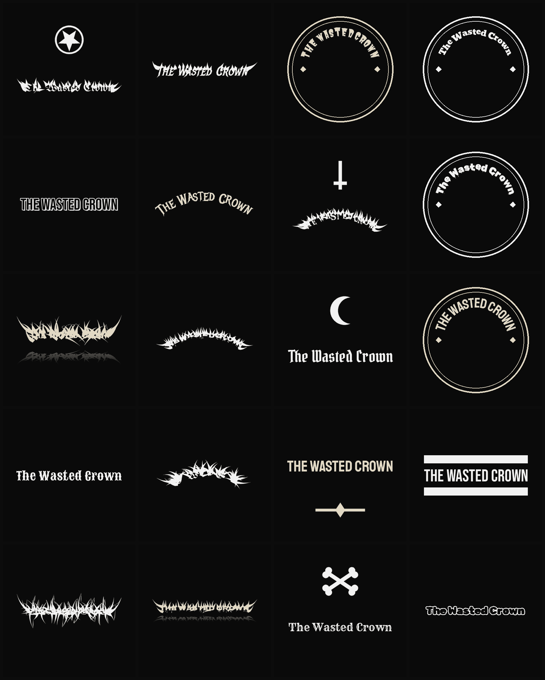 Twenty The Wasted Crown band logo ideas — different faces, treatments and spike settings
