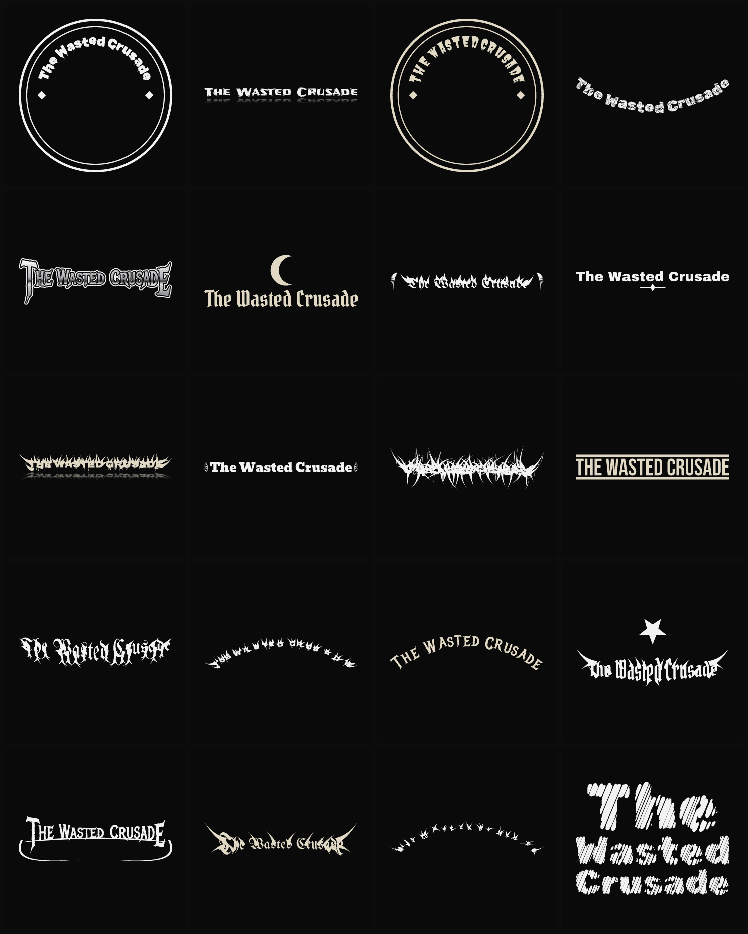 Twenty The Wasted Crusade band logo ideas — different faces, treatments and spike settings
