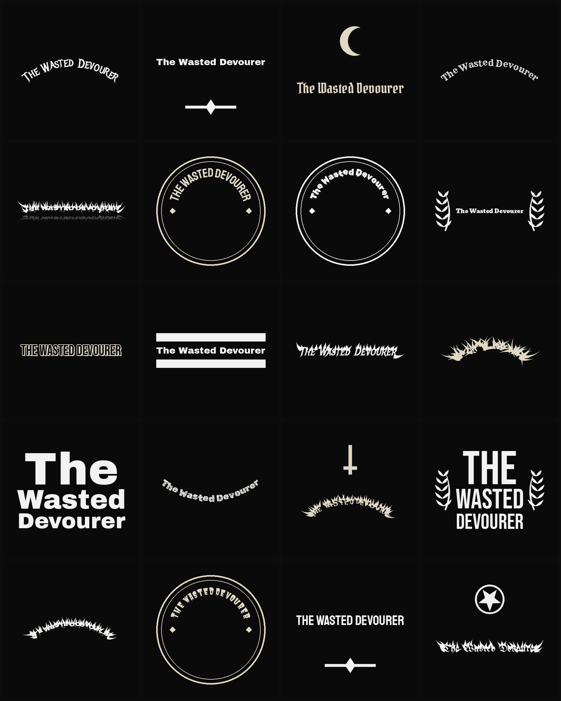 Twenty The Wasted Devourer band logo ideas — different faces, treatments and spike settings