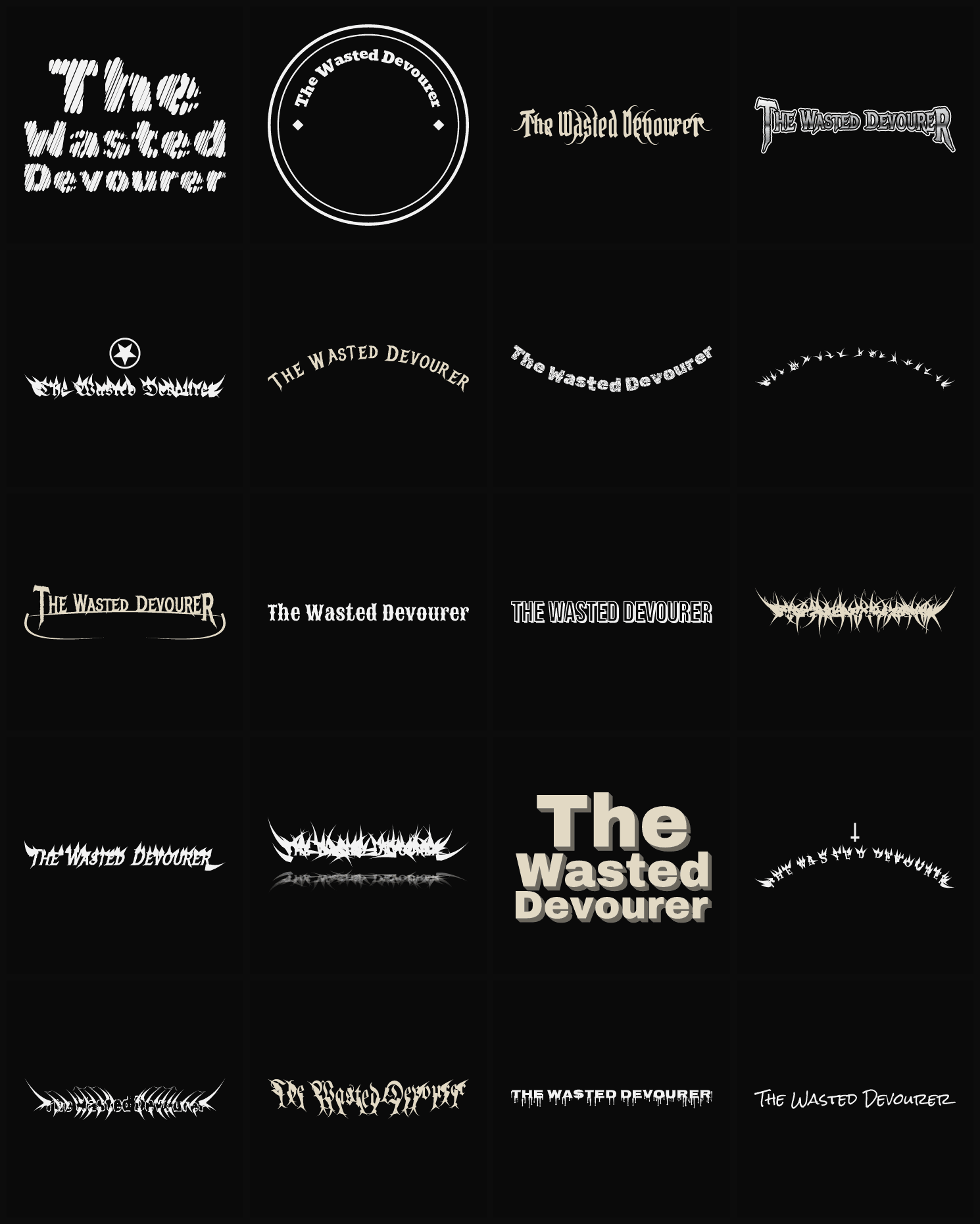 Twenty The Wasted Devourer band logo ideas — different faces, treatments and spike settings