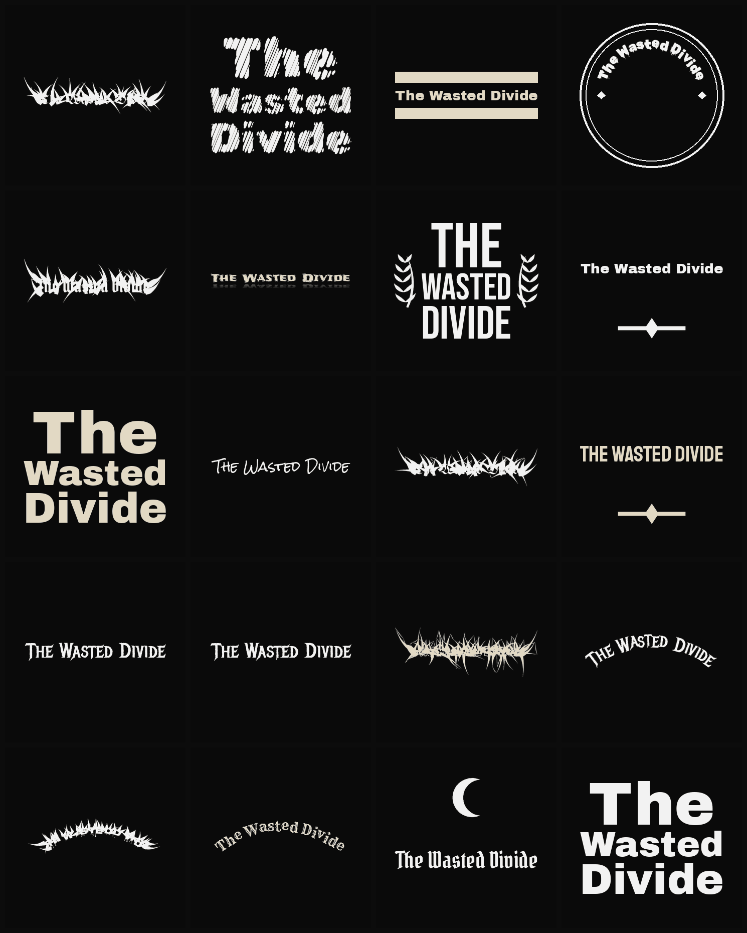 Twenty The Wasted Divide band logo ideas — different faces, treatments and spike settings