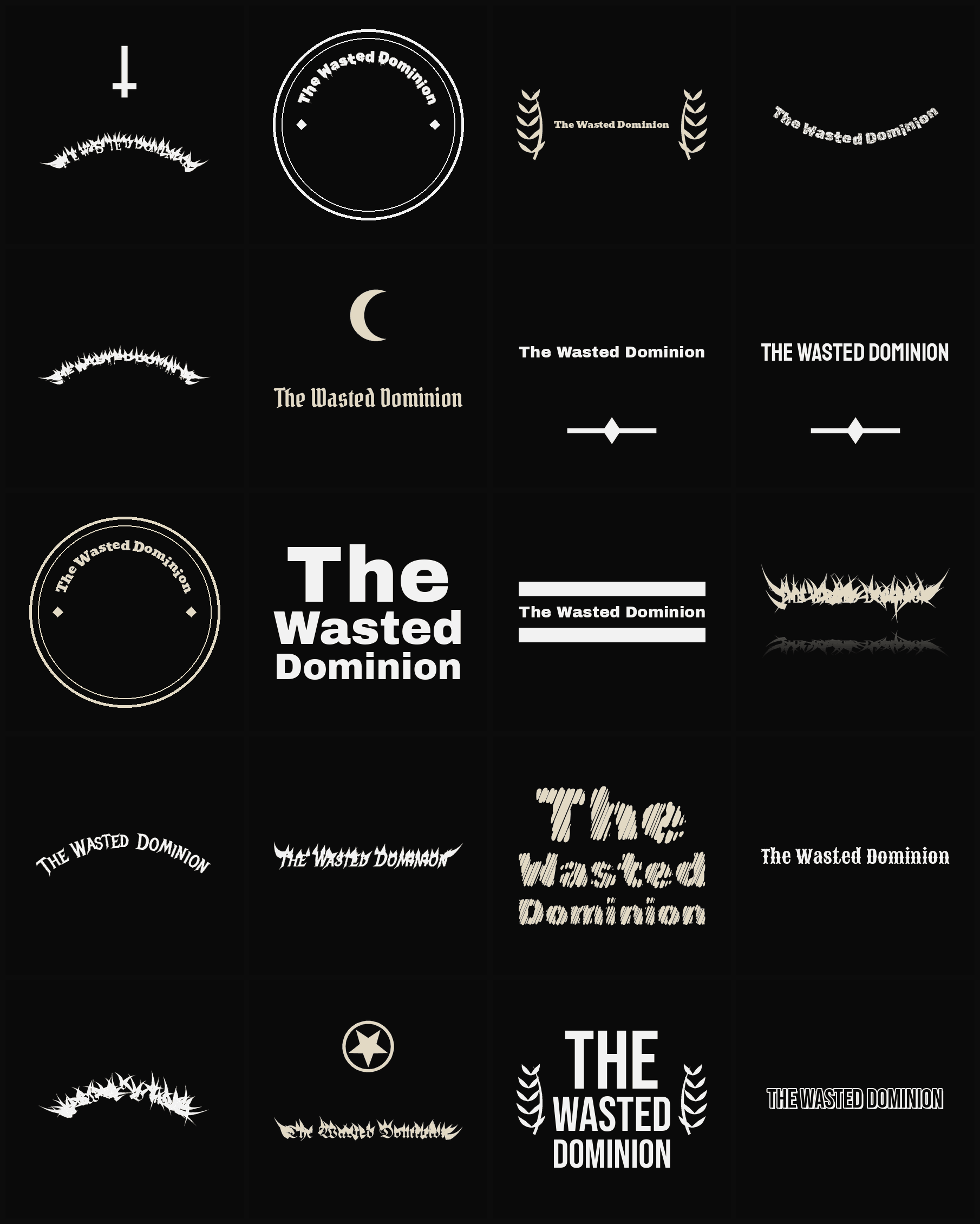 Twenty The Wasted Dominion band logo ideas — different faces, treatments and spike settings