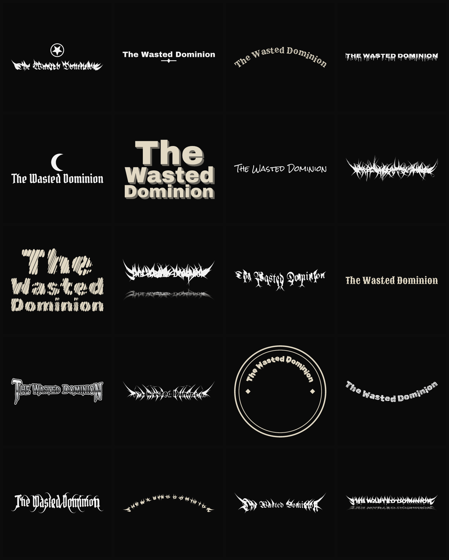 Twenty The Wasted Dominion band logo ideas — different faces, treatments and spike settings