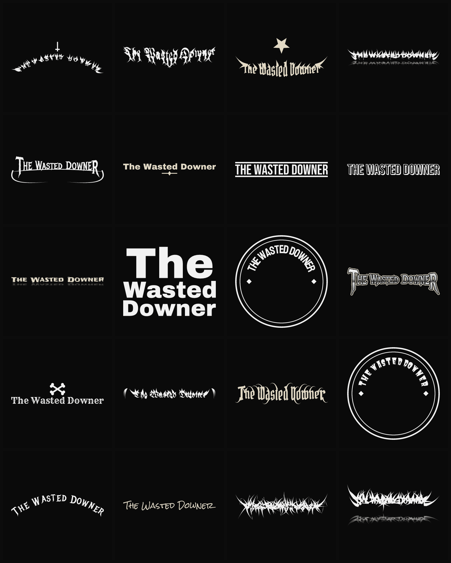 Twenty The Wasted Downer band logo ideas — different faces, treatments and spike settings