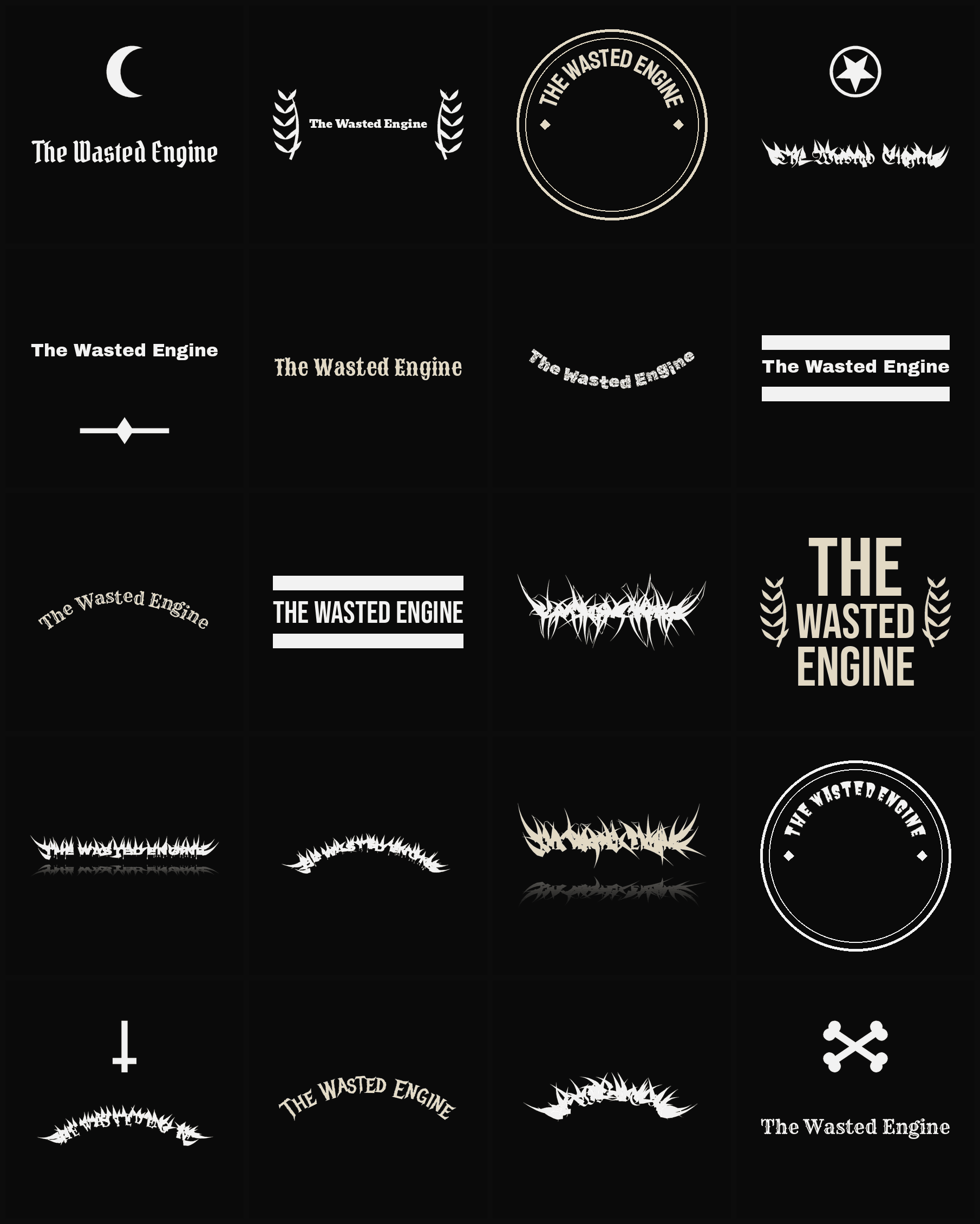 Twenty The Wasted Engine band logo ideas — different faces, treatments and spike settings