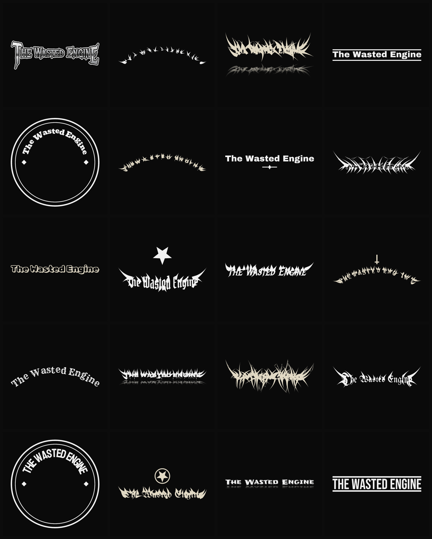 Twenty The Wasted Engine band logo ideas — different faces, treatments and spike settings