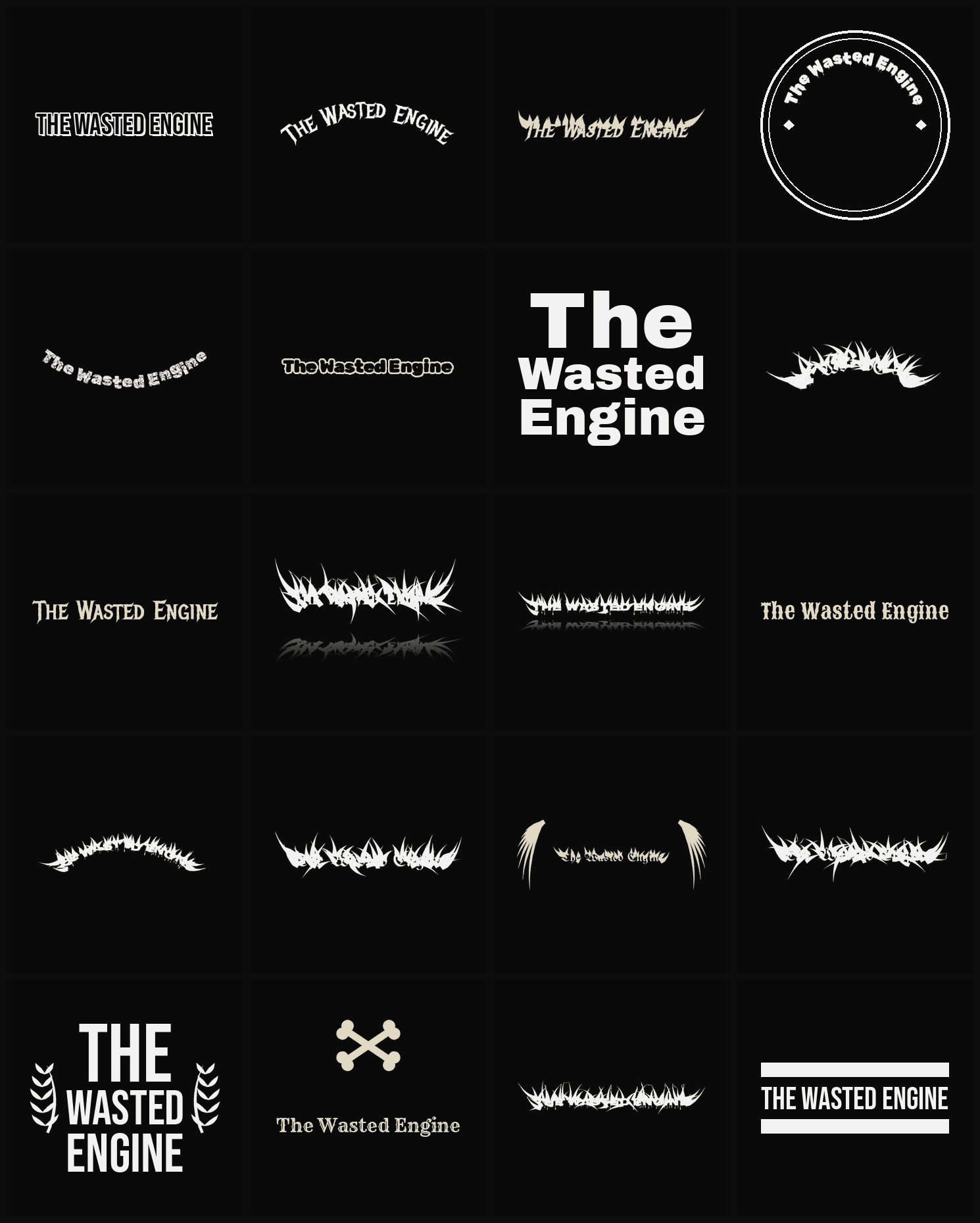 Twenty The Wasted Engine band logo ideas — different faces, treatments and spike settings