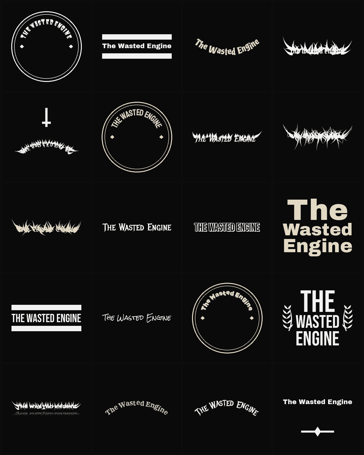 Twenty The Wasted Engine band logo ideas — different faces, treatments and spike settings